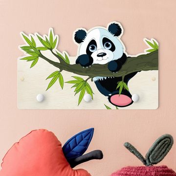 Bilderdepot24 Garderobenpaneel weiss Illustration Tiere Kletternder Panda (Kindergarderobe Holz Kleiderhaken für die Wand inkl. Montagematerial), moderne Wand Garderobenleiste Flur - kleine Hakenleiste Kinderzimmer