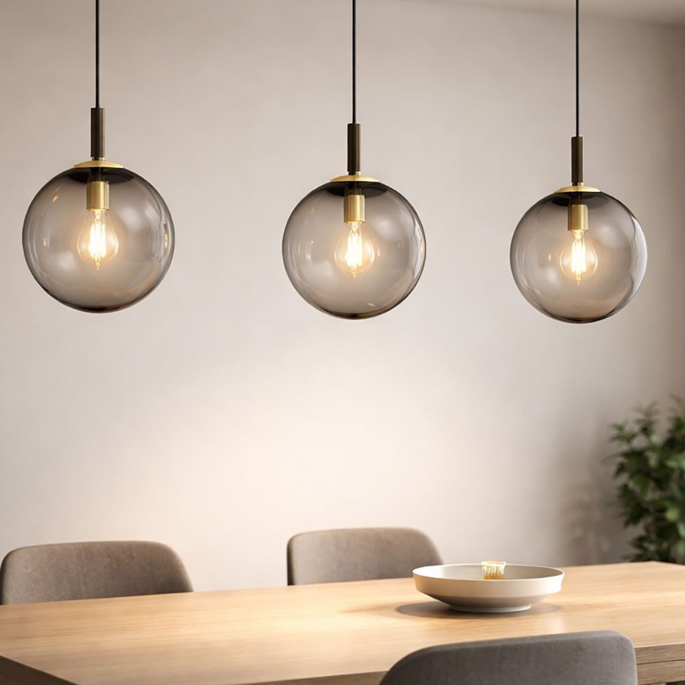 FISCHER & HONSEL Hängeleuchte, Leuchtmittel nicht inklusive, Hängeleuchte Esszimmerlampe Metall Glas rauchfarben 3 Flammig H 140 cm