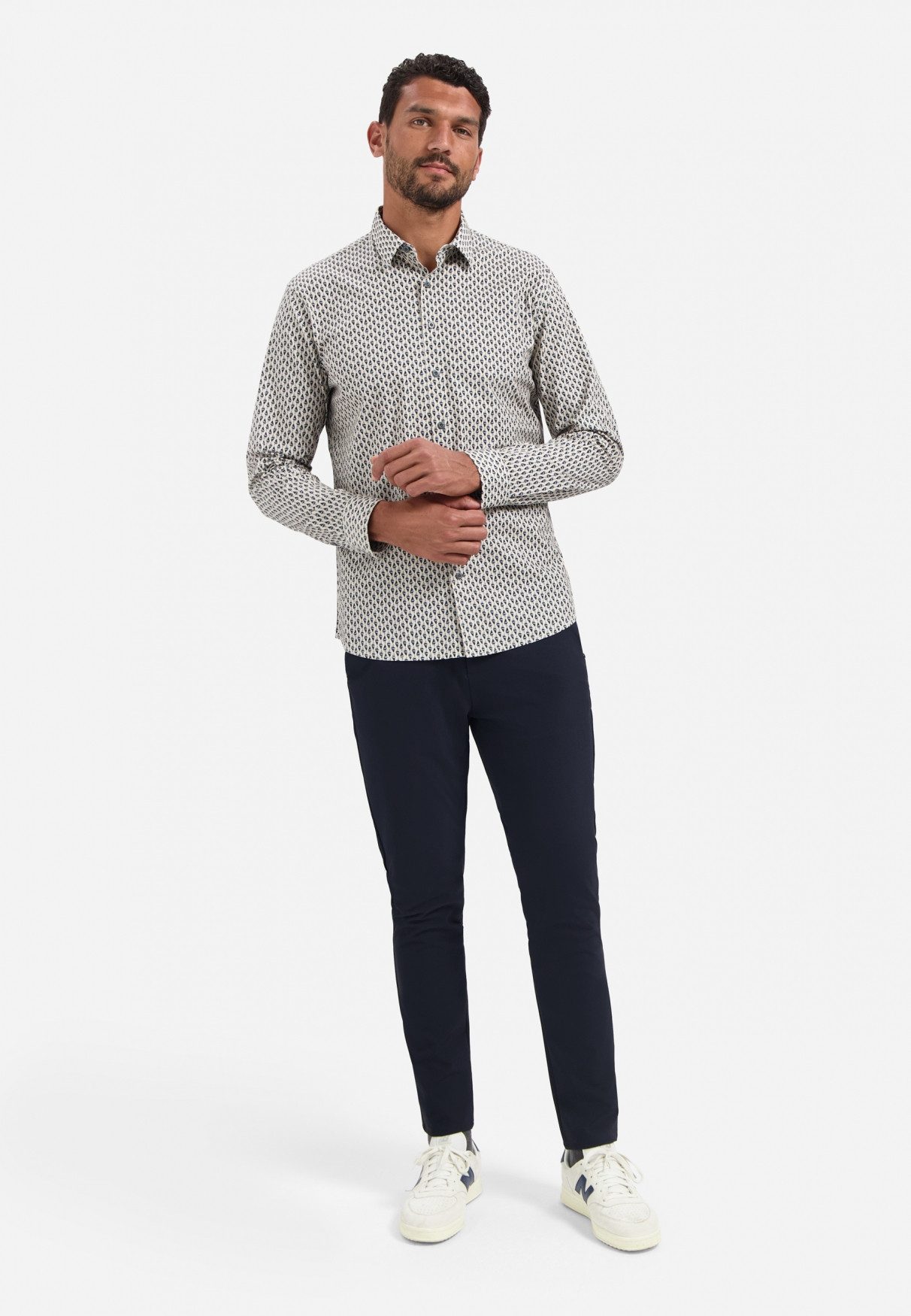 NO EXCESS Langarmhemd No Excess Stretchhemd mit Print Shirt Stretch Allover Printed