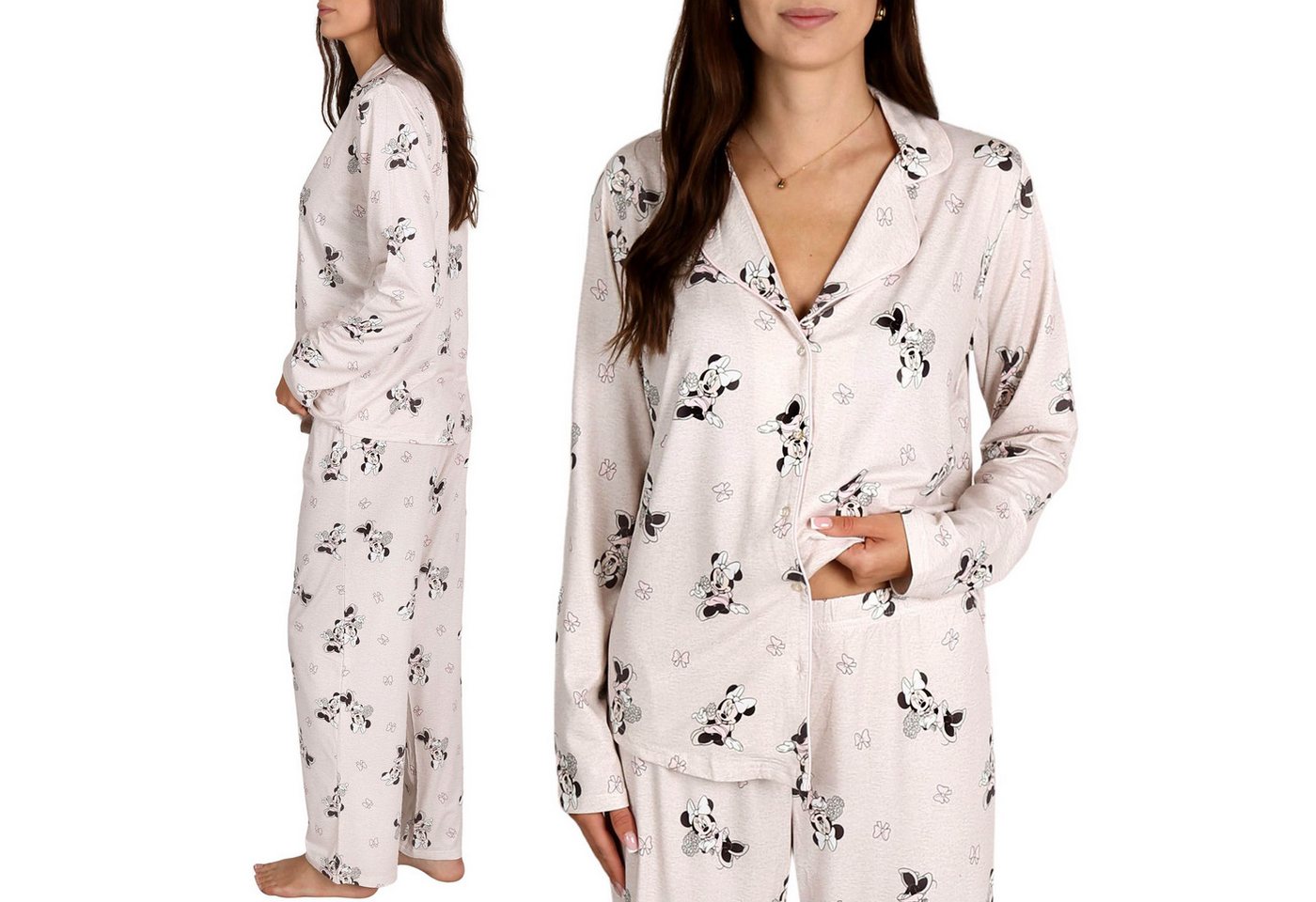 Disney Pyjama DISNEY Minnie Maus Damen-Pyjama, aufknöpfbar, lange Ärmel + Hose