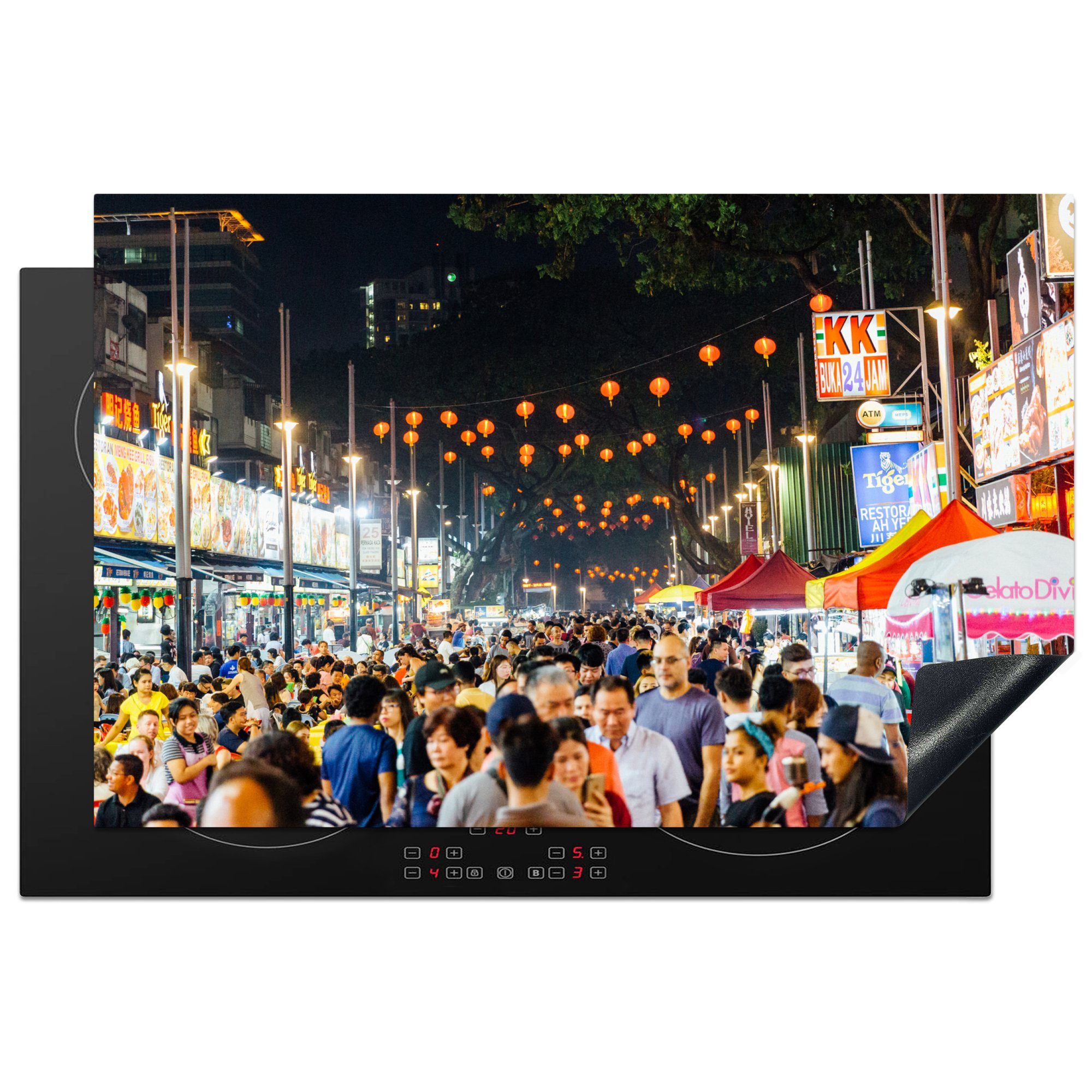 MuchoWow Herdblende-/Abdeckplatte Asiatische Streetfood-Zelte am Abend, Vinyl, (1 tlg), 81x52 cm, Induktionskochfeld Schutz für die küche, Ceranfeldabdeckung