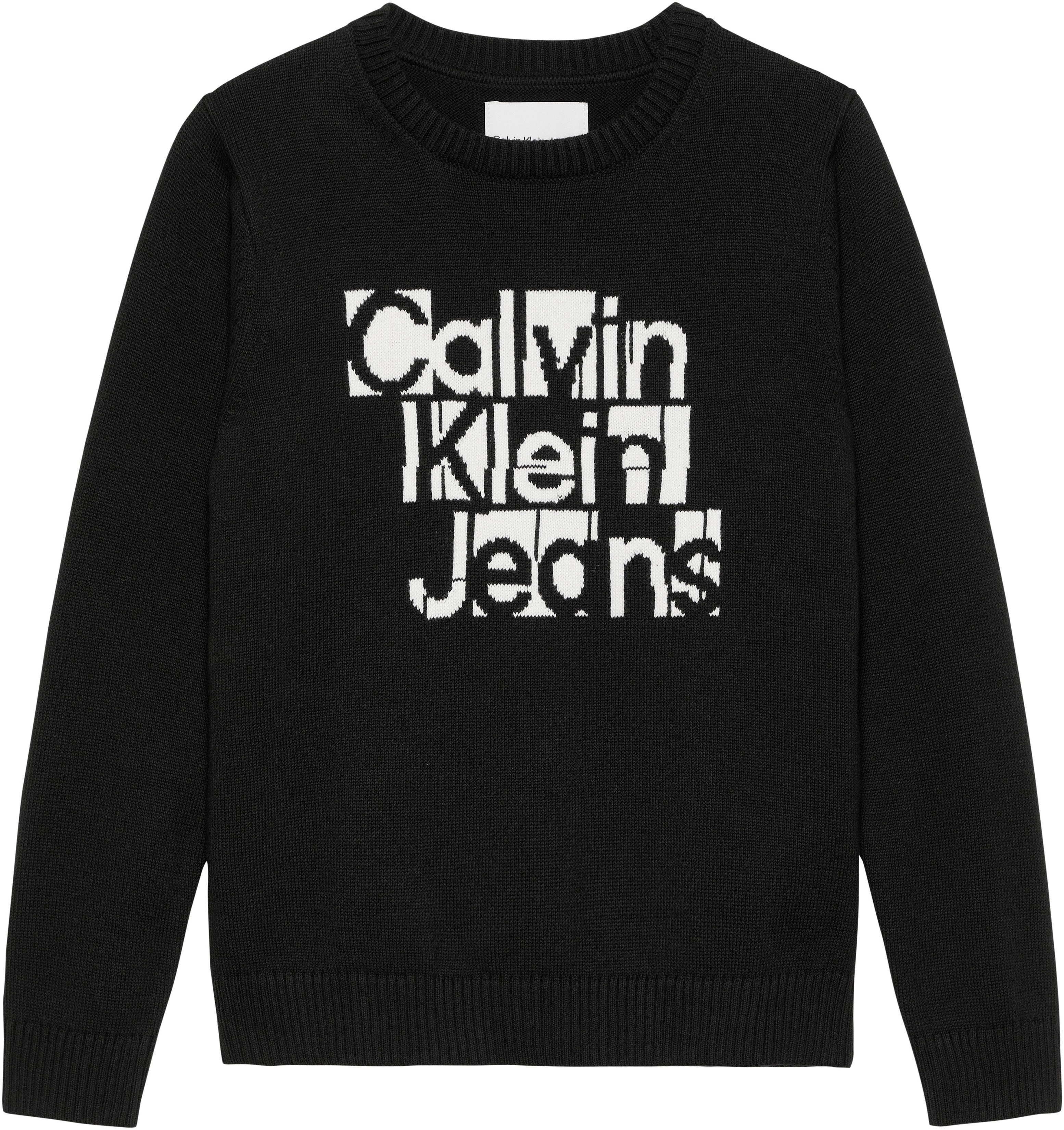 Rundhalspullover Klein Logostickerei SWEATER GRID Calvin INST. GRAPHIC mit Jeans