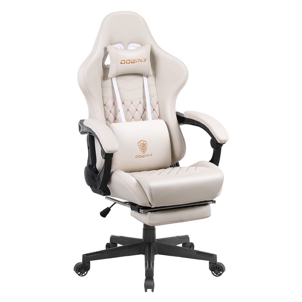 Dowinx Gaming-Stuhl Ergonomisches Design mit Massage Lendenwirbelstütze und Fußstütze, Rennsport-Stil PU-Leder hohen Rücken verstellbare Drehstuhl, Weiß