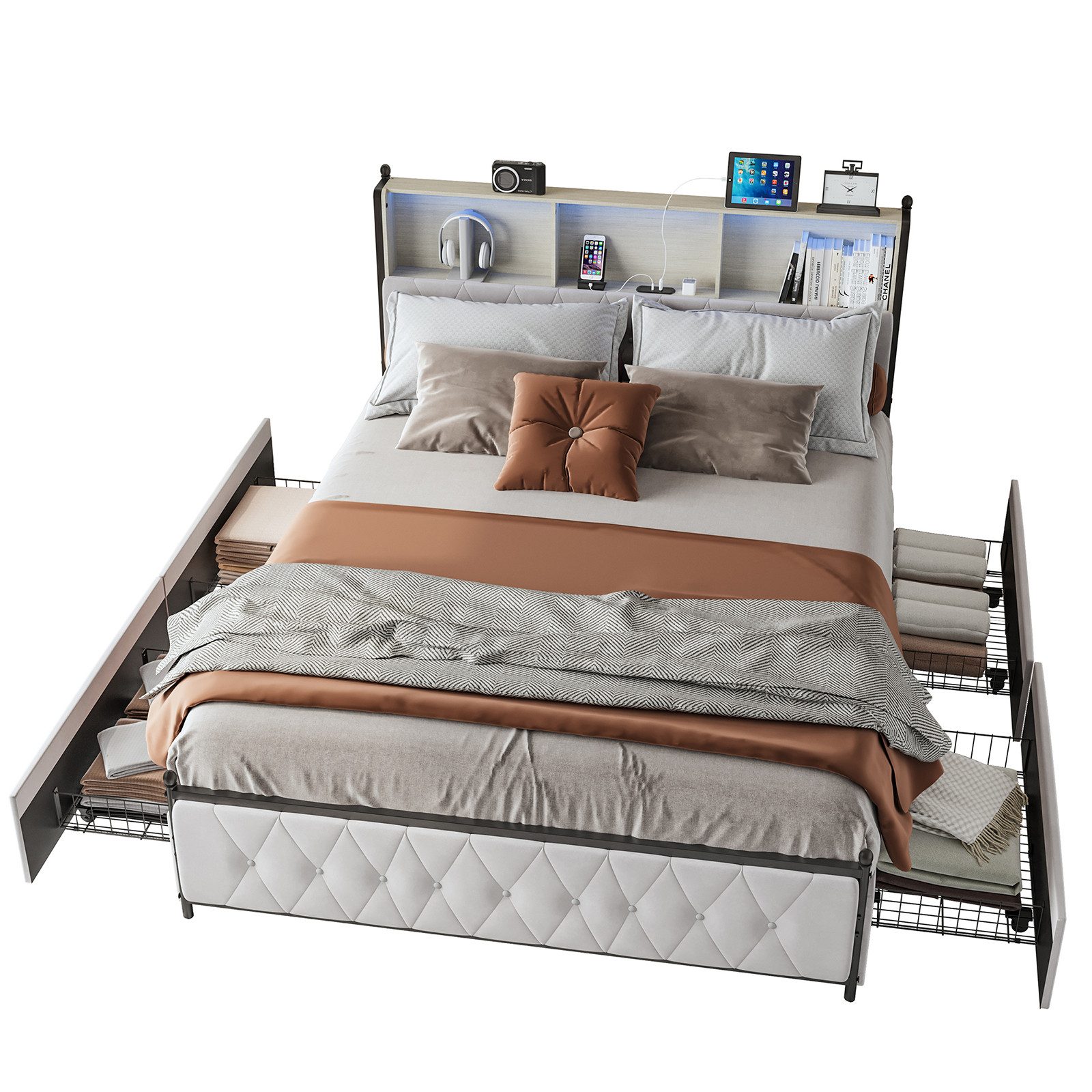 FUROKOY Stauraumbett Polsterbett Doppelbett mit LED-Beleuchtung günstig online kaufen