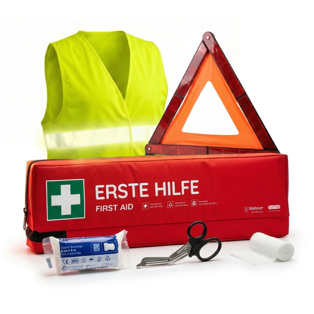 FLEXEO KFZ-Verbandkasten DIN 13164:2022, (1 St), Erste-Hilfe-Tasche inkl. Warndreieck und Warnweste