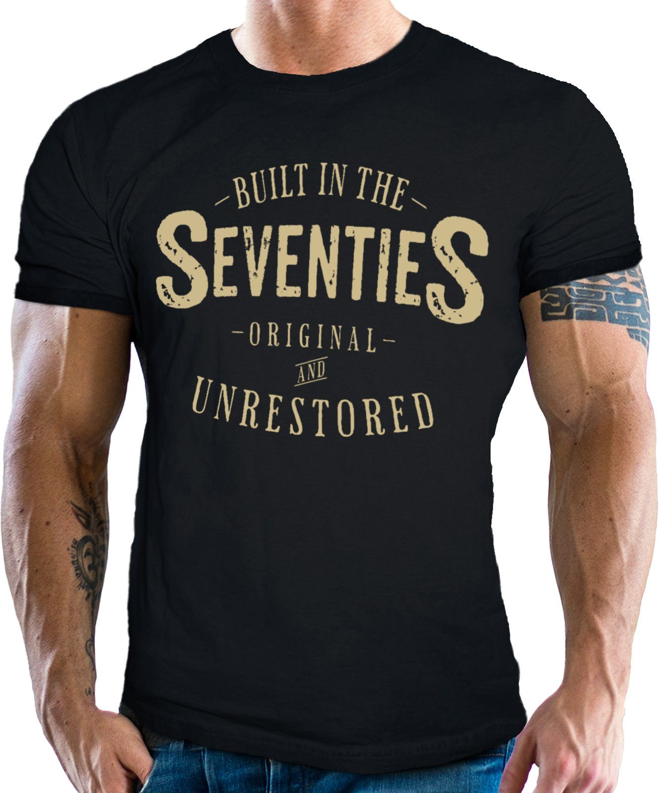 GASOLINE BANDIT® T-Shirt im Vintage Retro Style auf Schwarz: Built in The Seventies