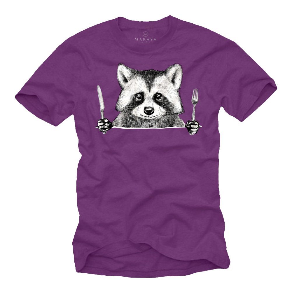 MAKAYA Print-Shirt Coole Tiermotive Waschbär Raccoon Essen Lustige Tiere Aufdruck Motiv Lila