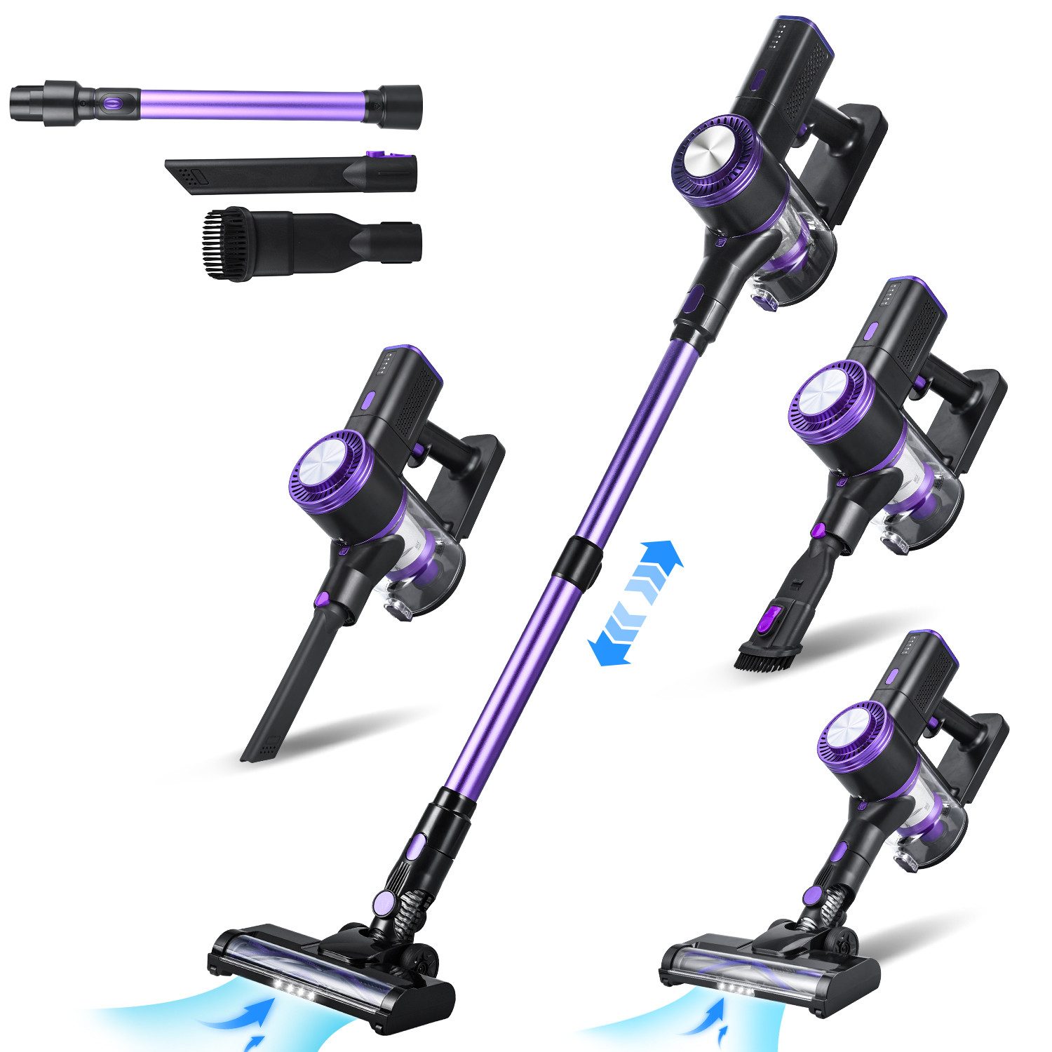 CkeyiN Akku-Hand-und Stielstaubsauger 28kPa, Kabelloser Staubsauger, Akku Handstaubsauger mit Teleskopstange, 250 W, beutellos, mit 3 Aufsätzen LED-Leuchte Anti-Tangle-Bürste für Boden, Auto, Sofa