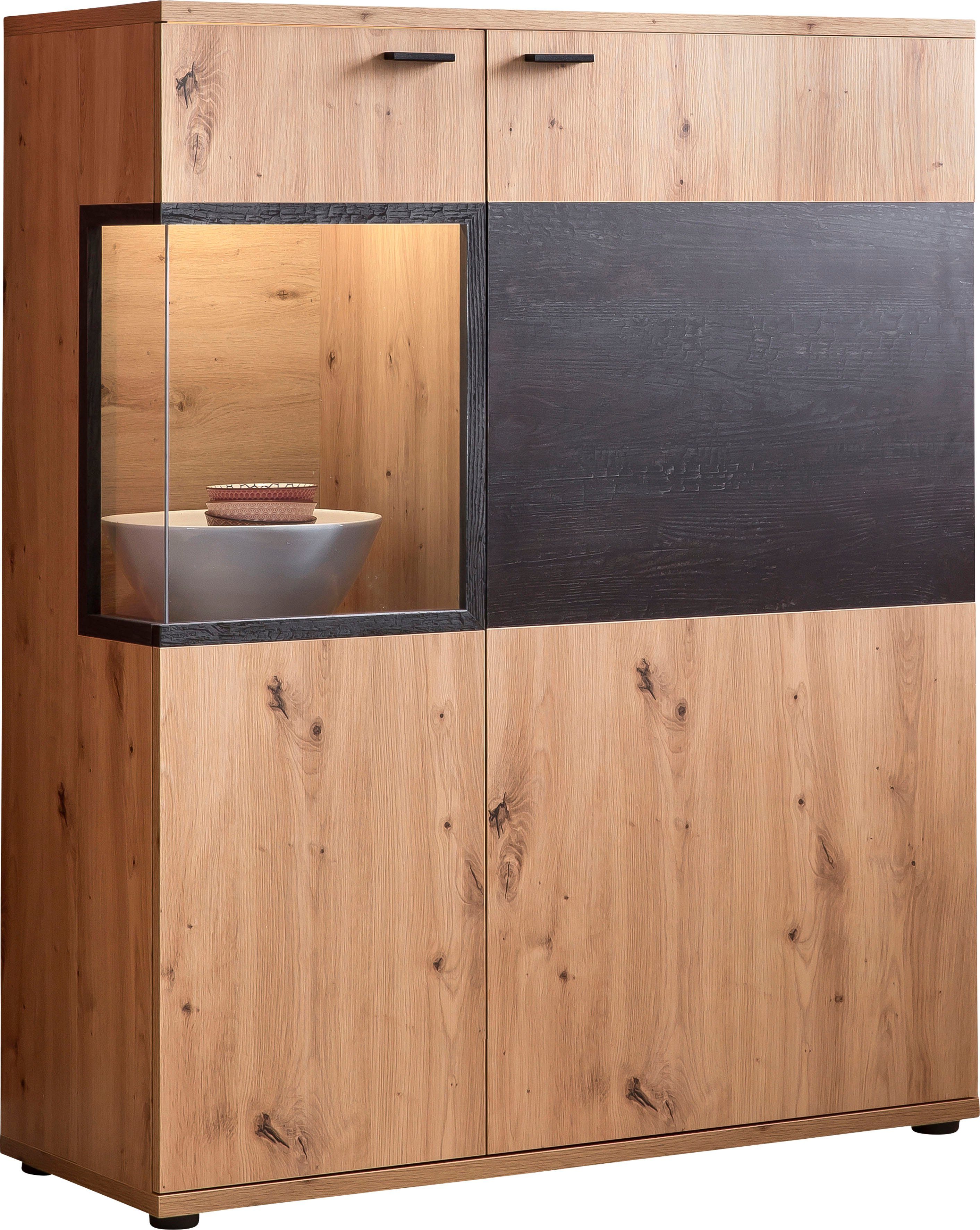 HELA Highboard Atlanta, Höhe Eckverglasung Glasausschnitt Türe mit 125 cm, und 1 (Rauchglas)