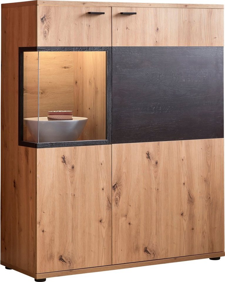 HELA Highboard Atlanta, Höhe 125 cm, 1 Türe mit Glasausschnitt und  Eckverglasung (Rauchglas)