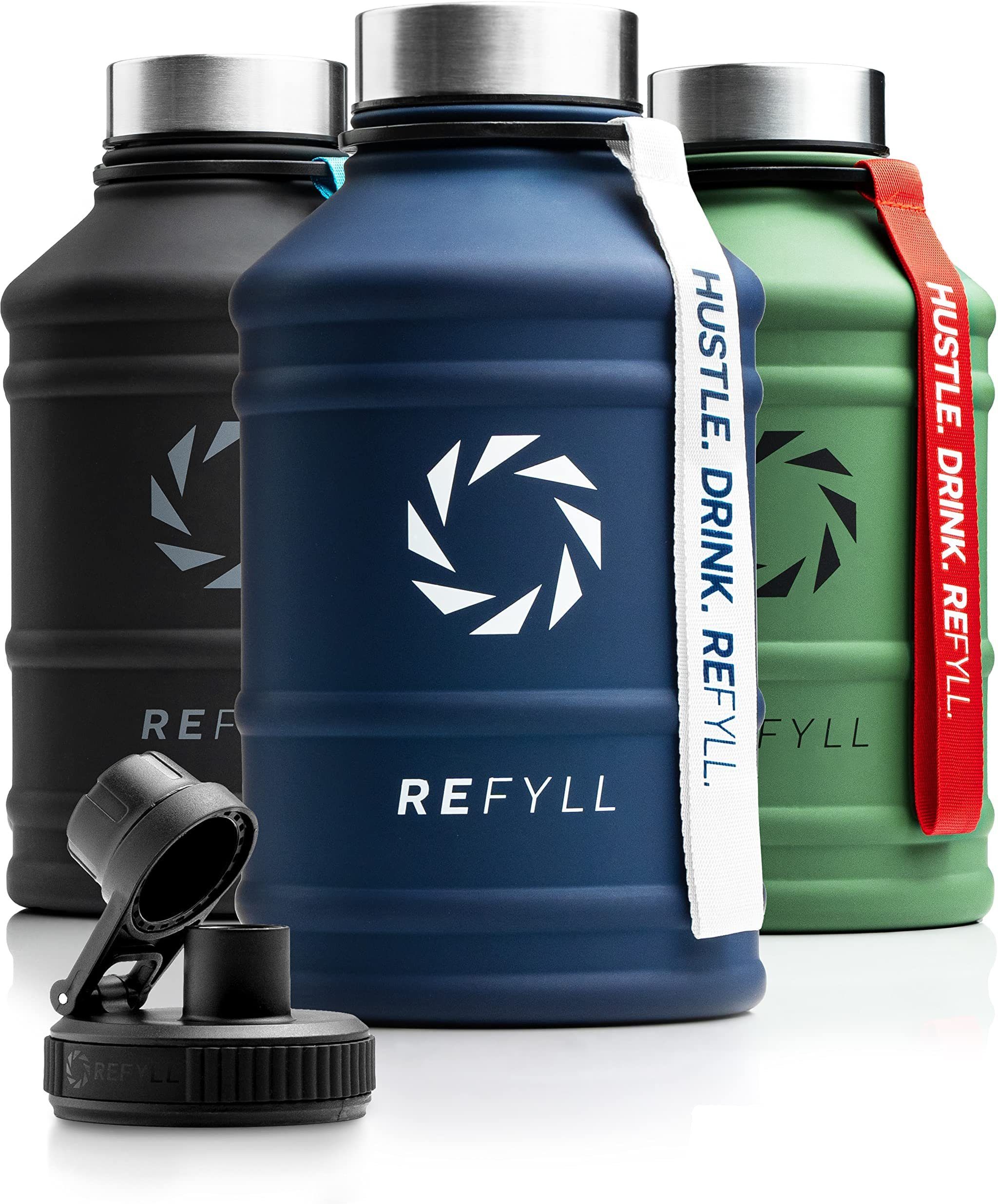 REFYLL Trinkflasche Edelstahl Trinkflasche Hero 1,3L und 2,2L, Auslaufsicher, robust, Fitness Trinkflasche für Sport, Gym, Water Jug auslaufsicher Navy Blue 1,3 L