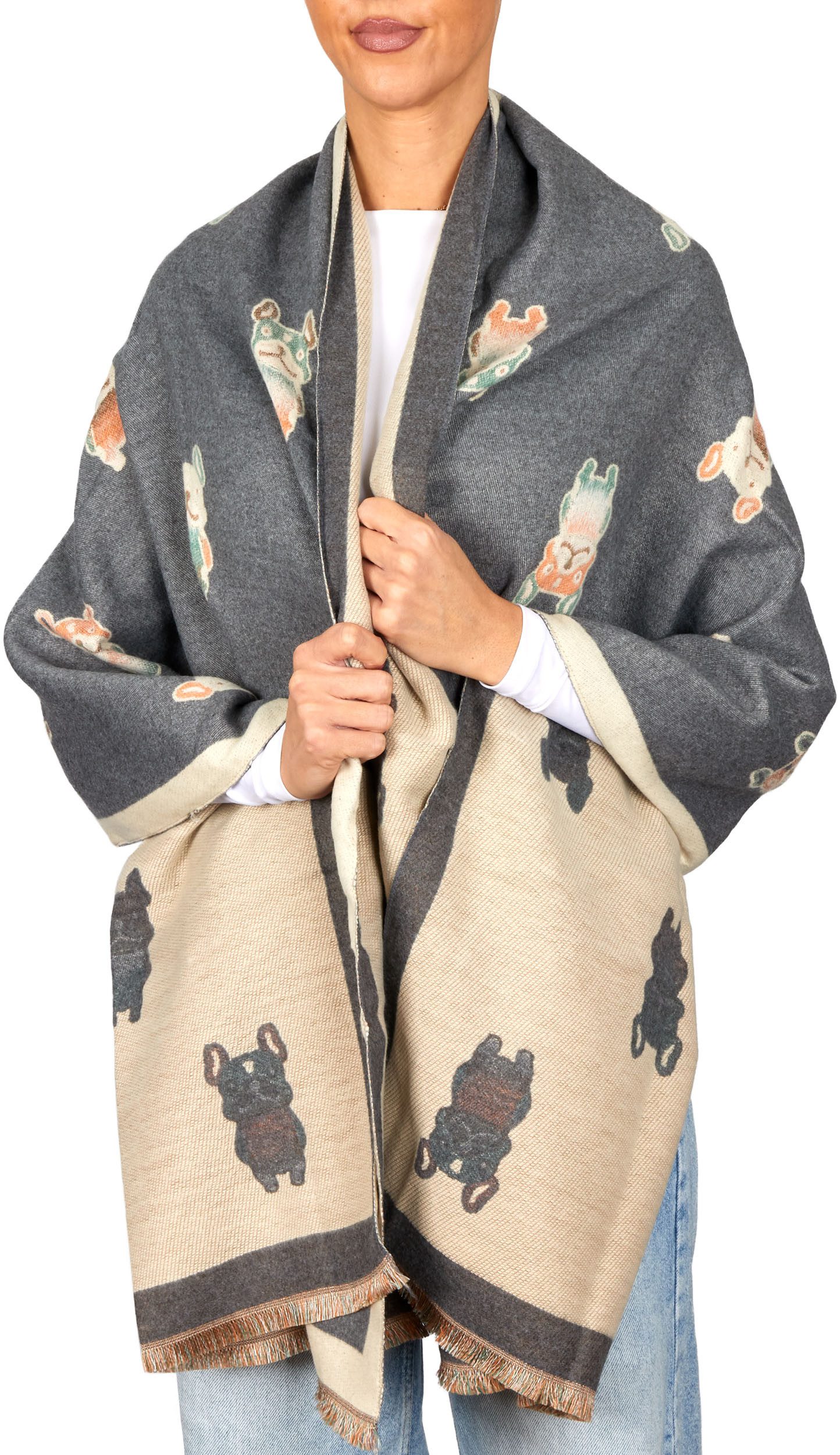 BRUBAKER Schal Cashmirillo Damen Schal - Französische Bulldogge - 70 x 200 cm, (Weiches Kaschmir-Gefühl, 1-St. Winterschal mit Hunde Muster), Warm & Kuschelig - Damenschal für Herbst & Winter - Herbstschal