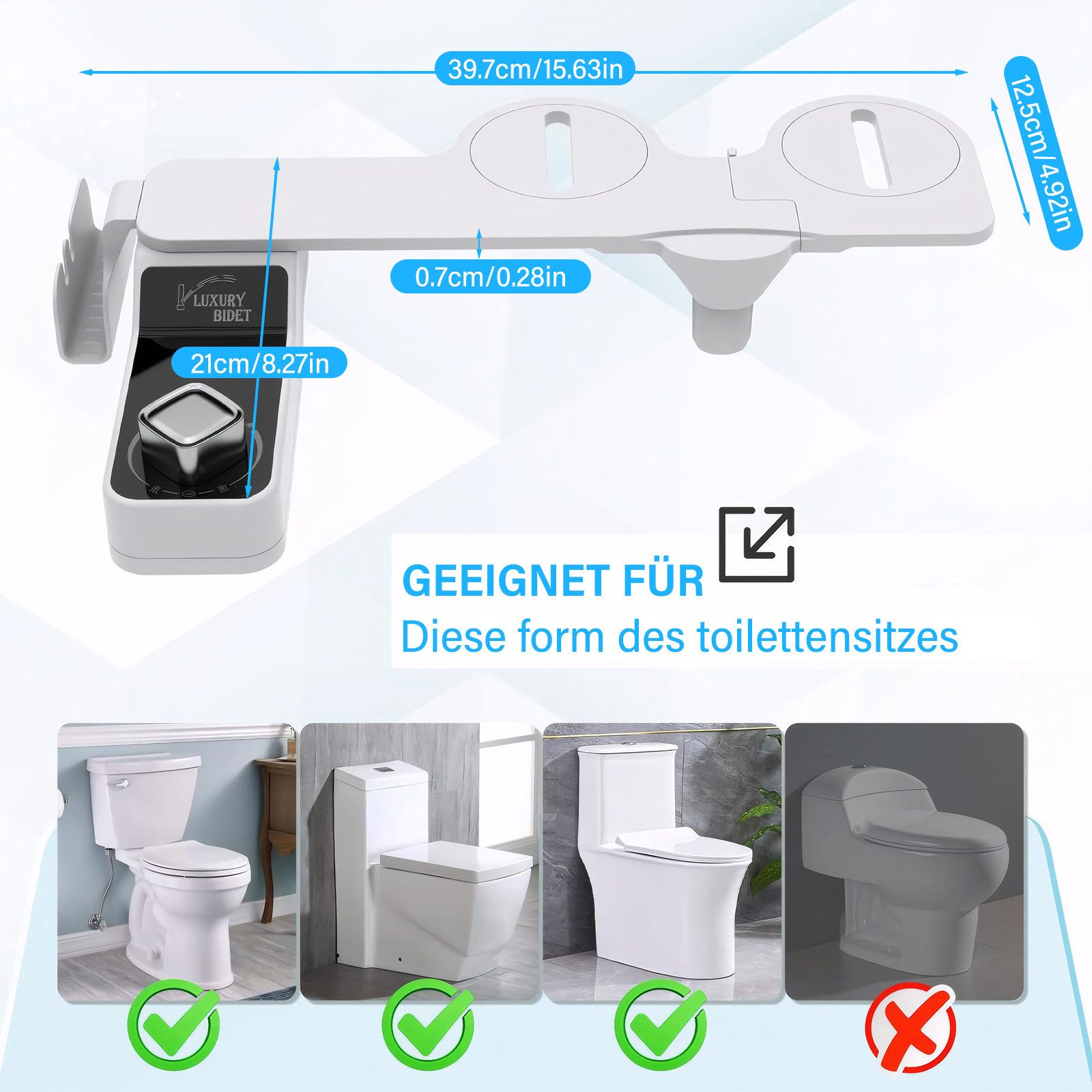 MOPUEA Bidet Bidet-Aufsatz für Bidetaufsatz Toilettensitz mit Regalhake Doppeldüsen, Toilettenmontage, Kaltwasseranschluss Abgang, 1 tlg., Doppeldüsen-Reinigungsmodus