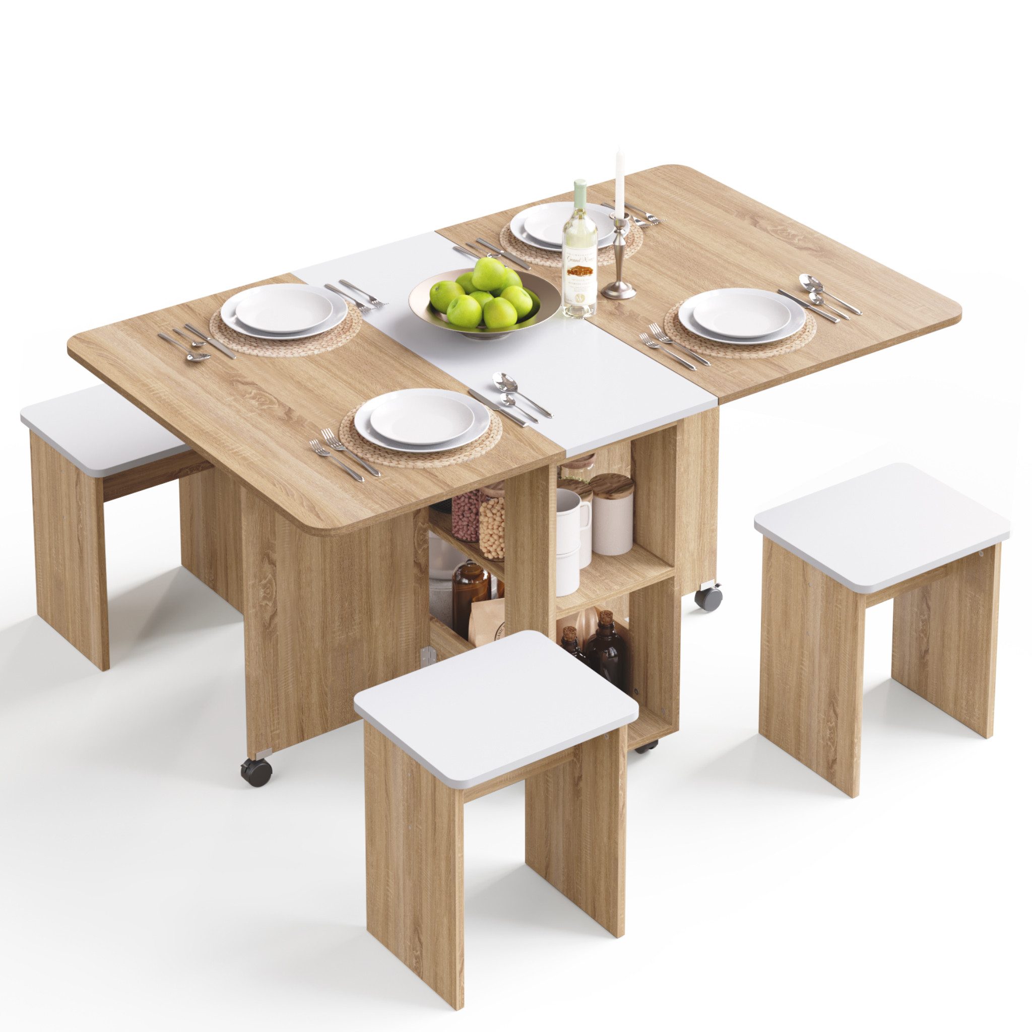 Mondeer Essgruppe Esstisch mit 4 Hockern, (120x80 cm), Platzsparend, 3-in-1-Funktion, Rollbar & Stabil