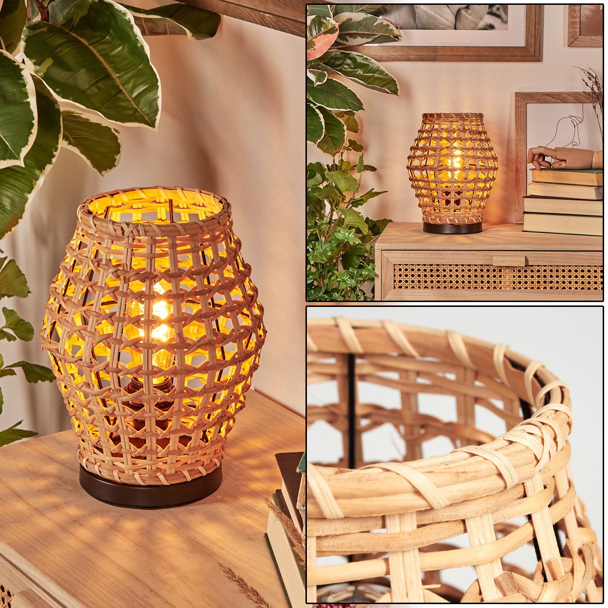 hofstein Tischleuchte Tischlampe aus Metall/Rattan in Schwarz/Natur im Vint günstig online kaufen