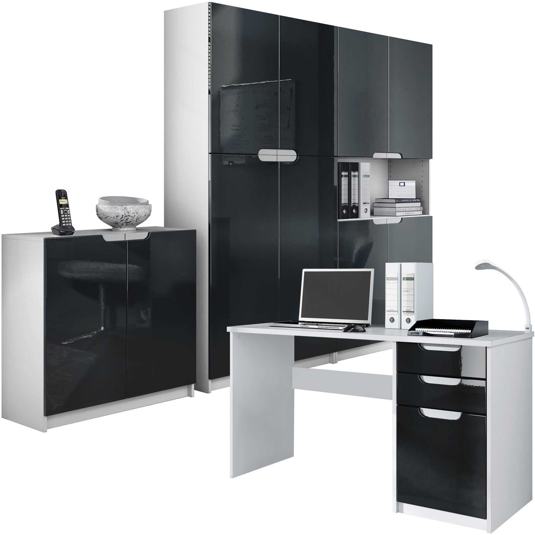 Vladon Aktenschrank Logan (Büromöbel-Set, 4-St., mit 1 Schreibtisch, 2 Schränken und 1 Kommode) Weiß matt/Schwarz Hochglanz (246 x 60 x 185 cm) Fronten in Schwarz Hochglanz