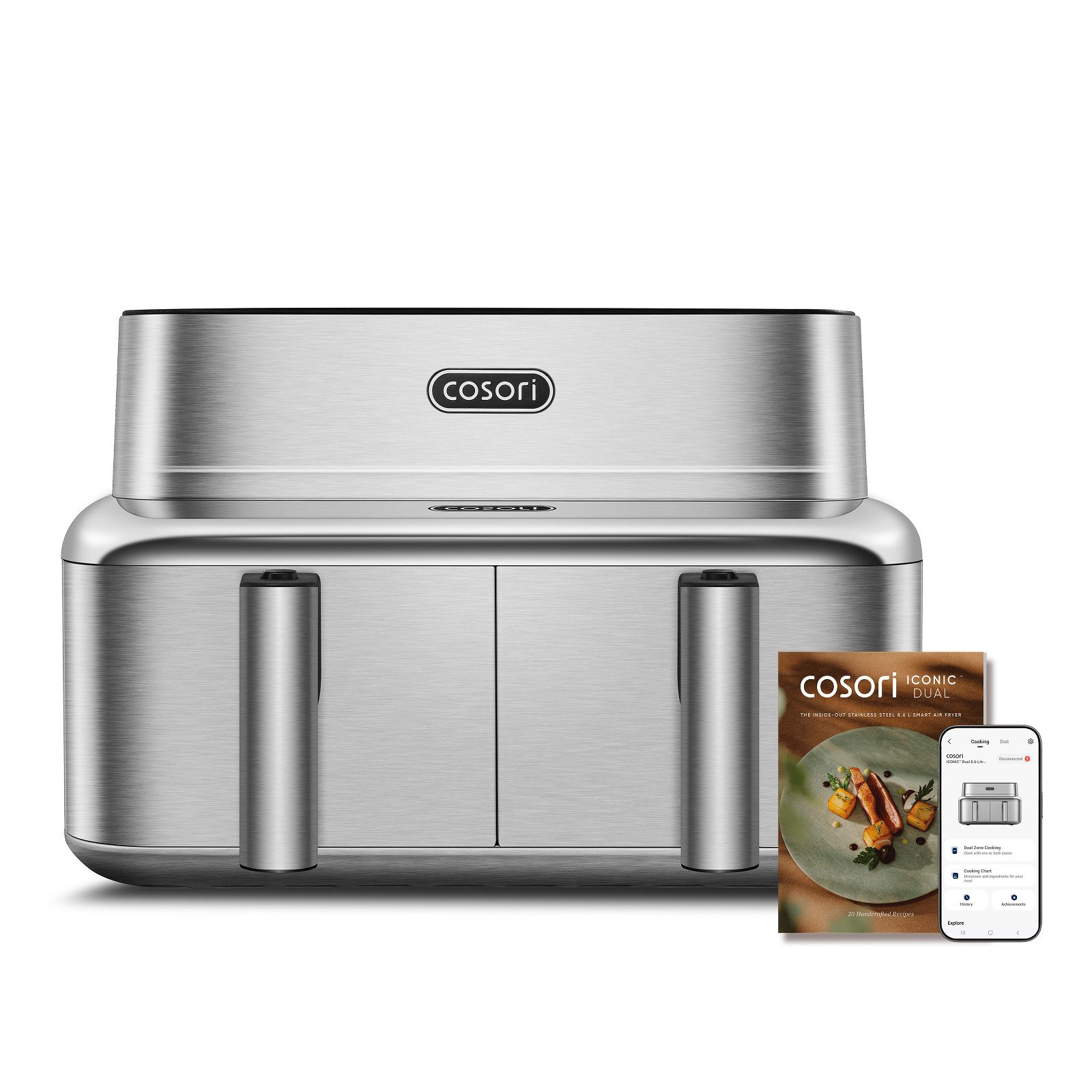 Cosori Heißluftfritteuse COSORI ICONIC Dual 8,6L, 2700 W, Dual Zone, PFAS-frei, Edelstahl, App-Steuerung, 2700 W