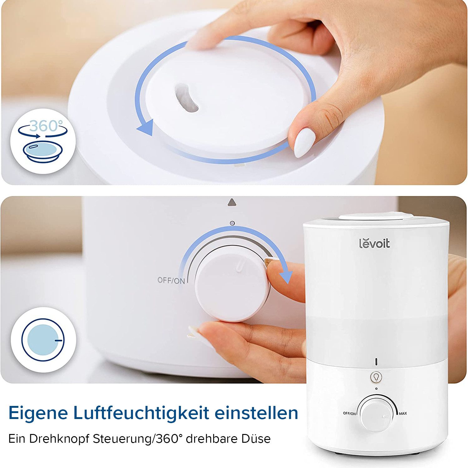 Levoit Kombigerät Luftbefeuchter und -reiniger Dual 150 Ultrasonic Cool Mist Humidifier, für 27 m² Räume, Top-Fill, 3 l, mit Nachtlicht, 25 Std. Laufzeit, spülmaschinenfest