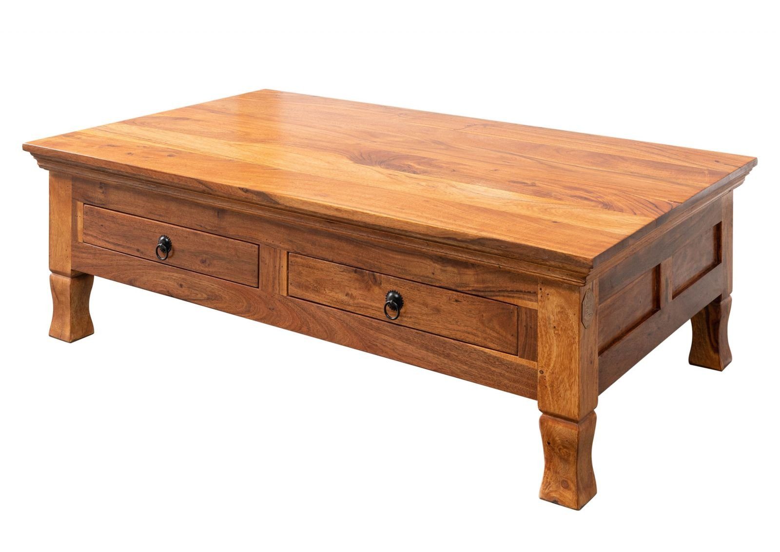 Massivmoebel24 Couchtisch OXFORD (Extravagant, Landhausstil, 2 Schubladen, braun lackiert 120x75x40), hochwertiges Edelholz;authentische Holzadern; Schnitzereien