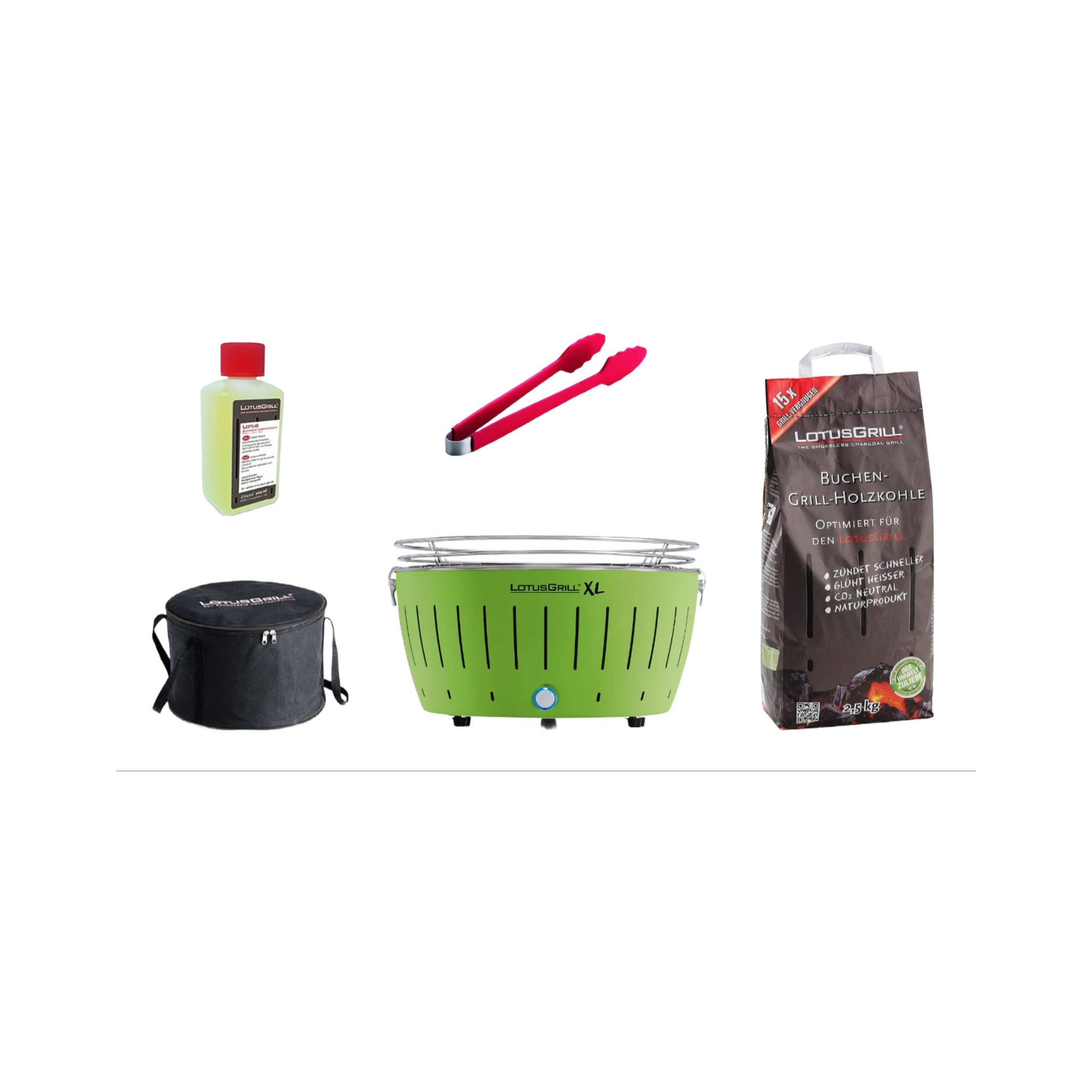 LotusGrill Holzkohlegrill LotusGrill XL Starter-Set XL Grill Limettengrün mit USB-Anschluß 5tlg