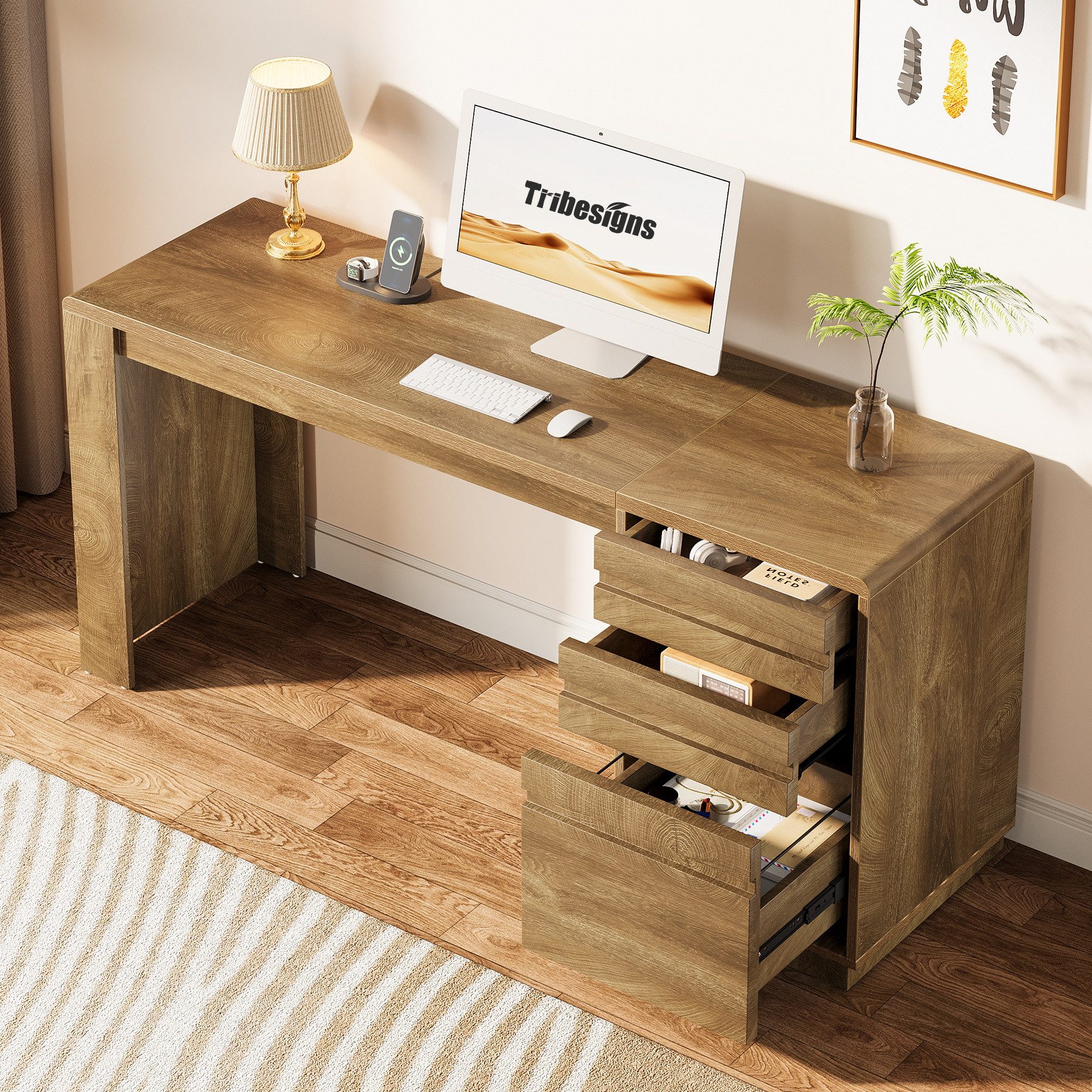 Tribesigns Computertisch 140 cm Schreibtisch mit 3 verstellbarem Schubladen, Landhausstil