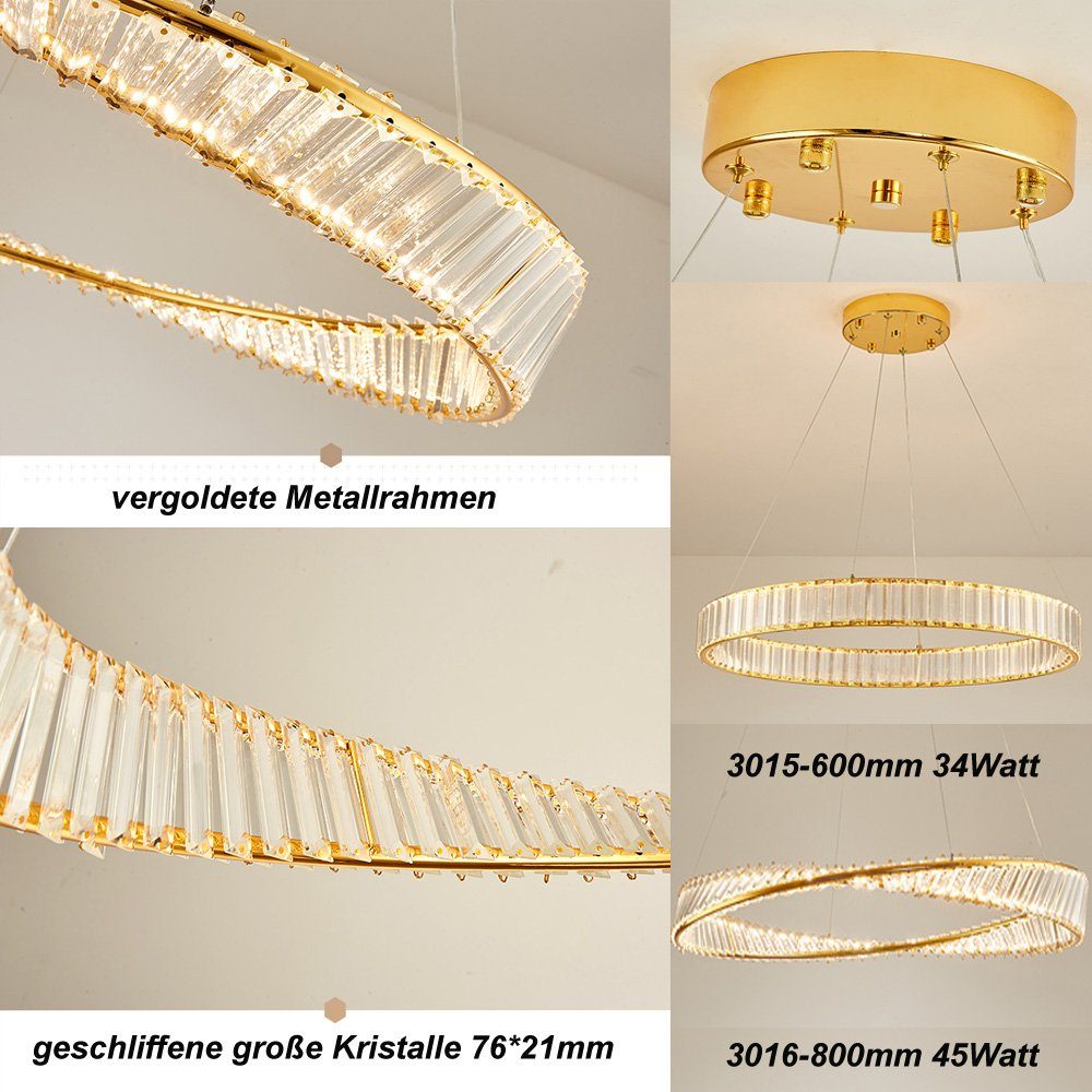 Euroton LED Pendelleuchte LED Pendelleuchte große Kristall Fernbedienung Lichtfarbe einstellbar, LED fest integriert, mit Fernbedienung Lichtfarbe einstellbar k – Bild 5 von 5