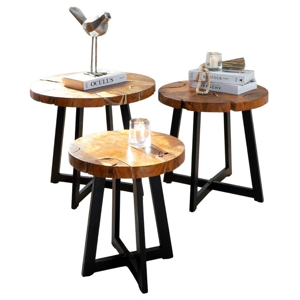 LebensWohnArt Beistelltisch Runder Massivholz Beistelltisch BAGIAN 50cm Teak natural Metall