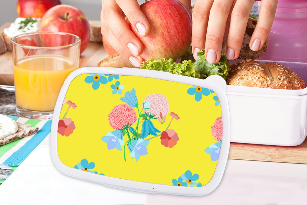 MuchoWow Lunchbox Kunststoff, Brotdose, Blumen Frühling (2-tlg), für - für Erwachsene, - weiß und Mädchen Jungs Blumenstrauß Brotbox und Muster, - Kinder