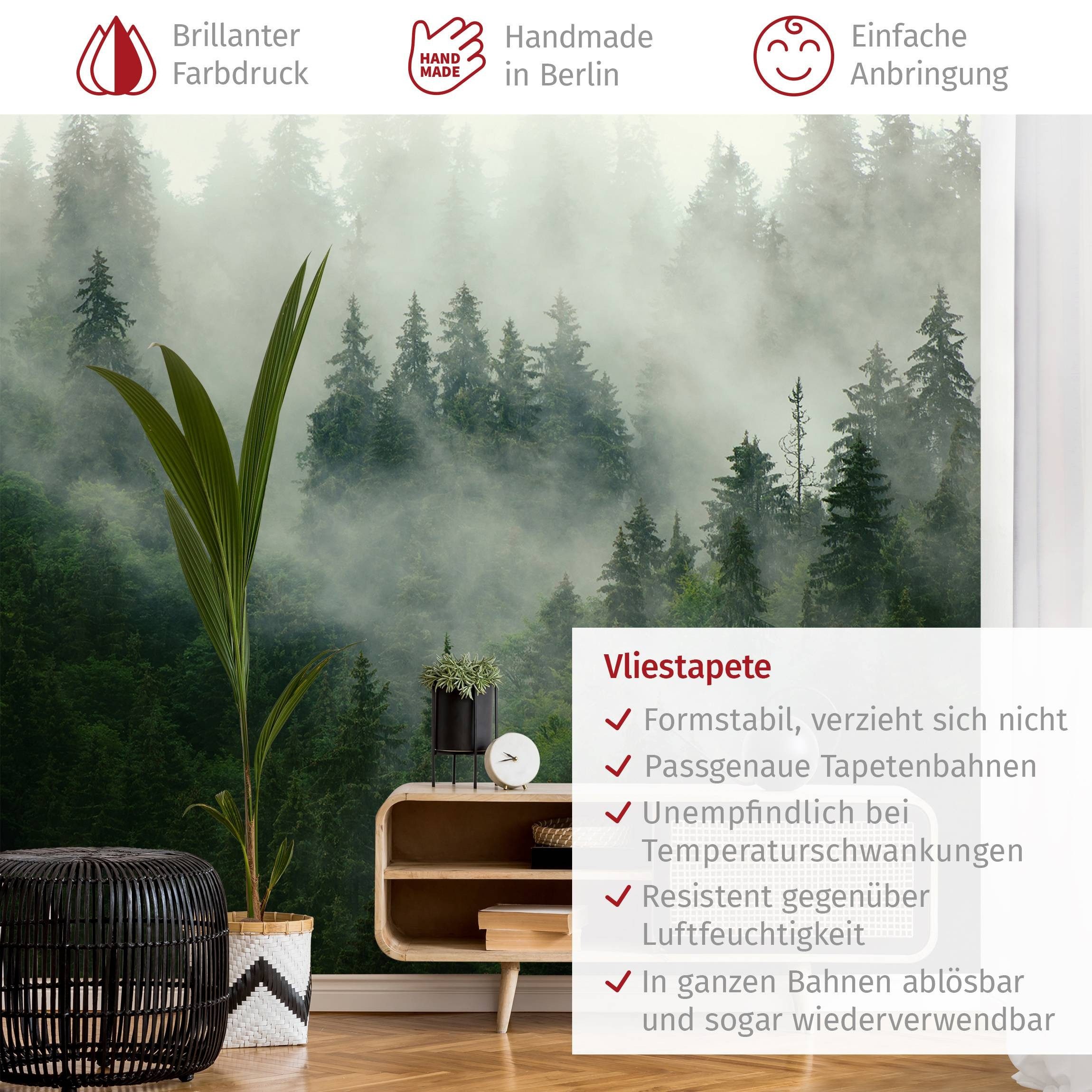 Bilderdepot24 Fototapete Tannenwald Nebel Wald Natur Landschaft grün moderne Wanddeko XXL, Glatt, Matt, (Vliestapete inkl. Kleister oder selbstklebend), Wohnzimmer Schlafzimmer Küche Flur Motivtapete Vliestapete Wandtapete