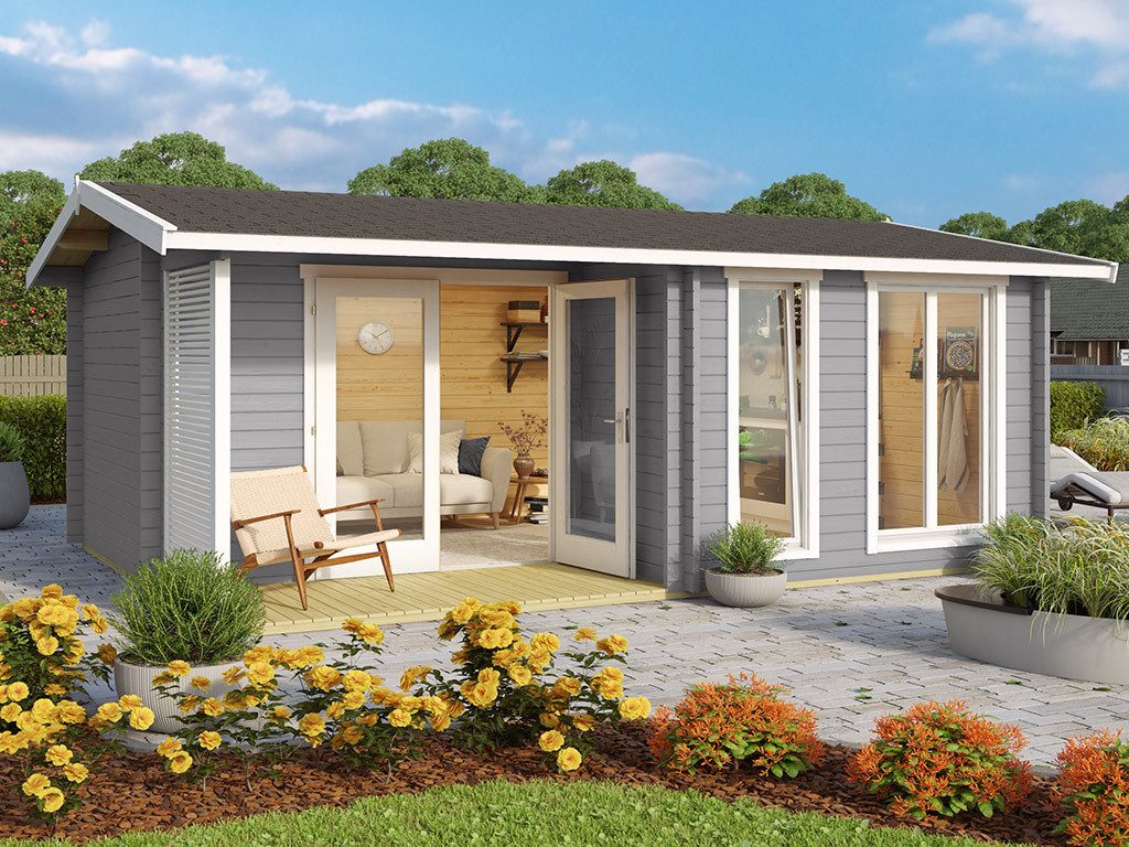 LASITA MAJA Gartenhaus Gartenhaus Blockbohlenhaus Brighton 44 mm lichtgrau, BxT: 580x429.90 cm, Terrasse, 44 mm Wandstärke, Einzeltür