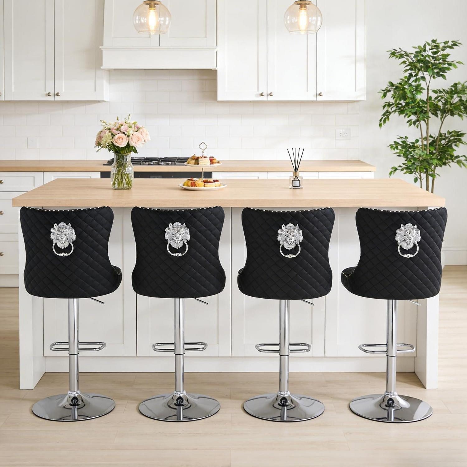 Barhocker Barhocker Lehne Höhenverstellbar Drehbar 4er set Schwarz+chromte Füße