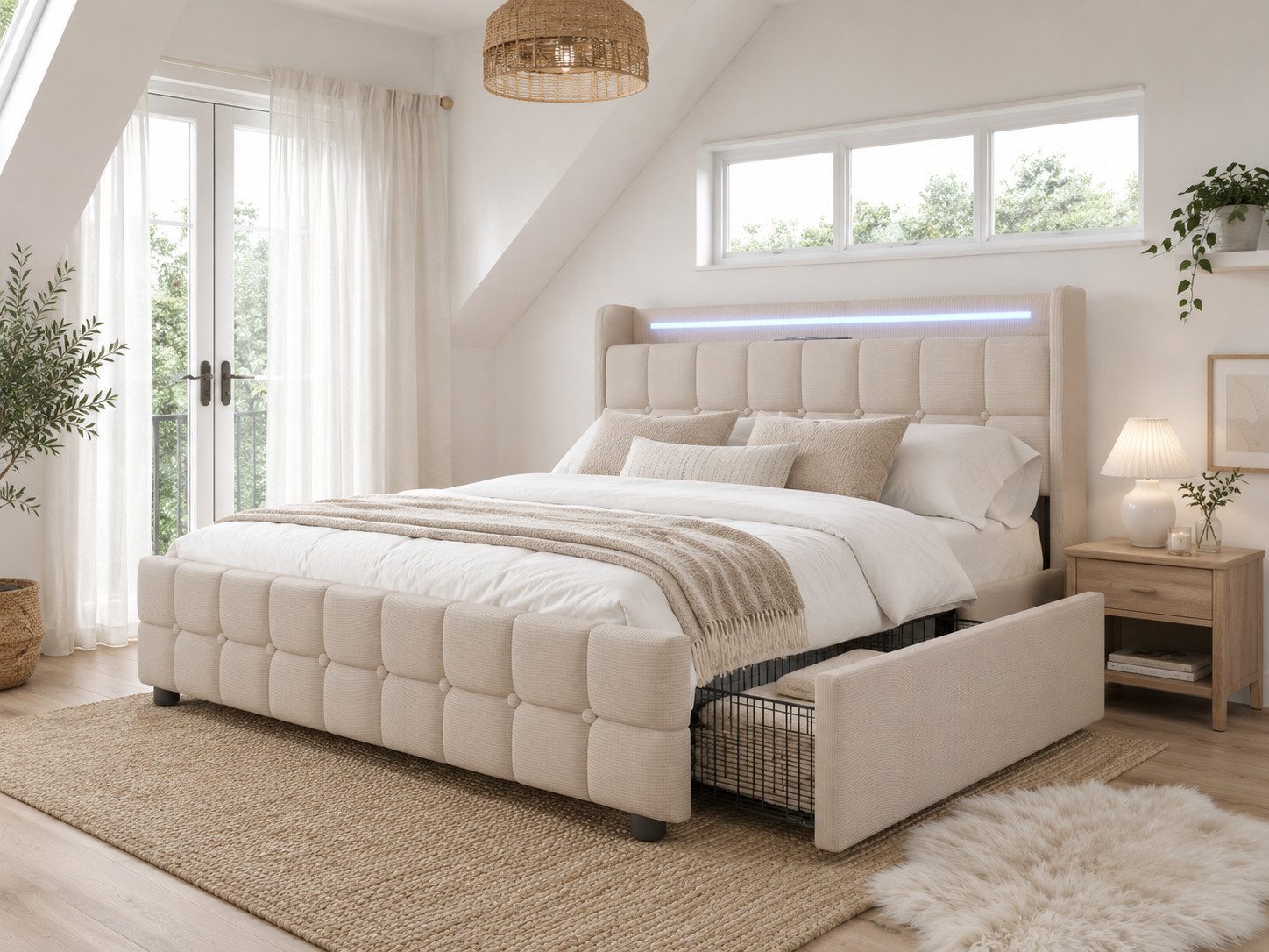 Flieks Polsterbett, LED-Beleuchtung Doppelbett 180x200cm mit Ladefunktion und 4 Schubladen