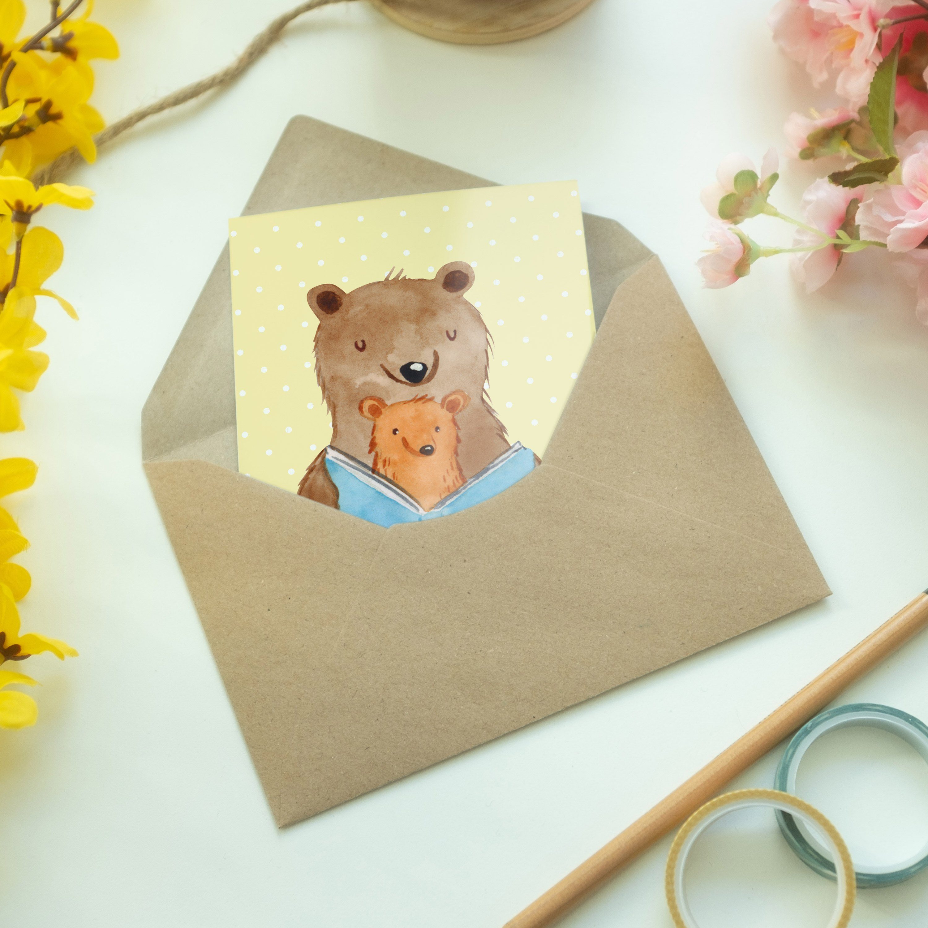Mr. & Grußkarte Geschenk, Großmutter, Mrs. - Sc Panda Einladungskarte, Buch Bären Gelb - Pastell