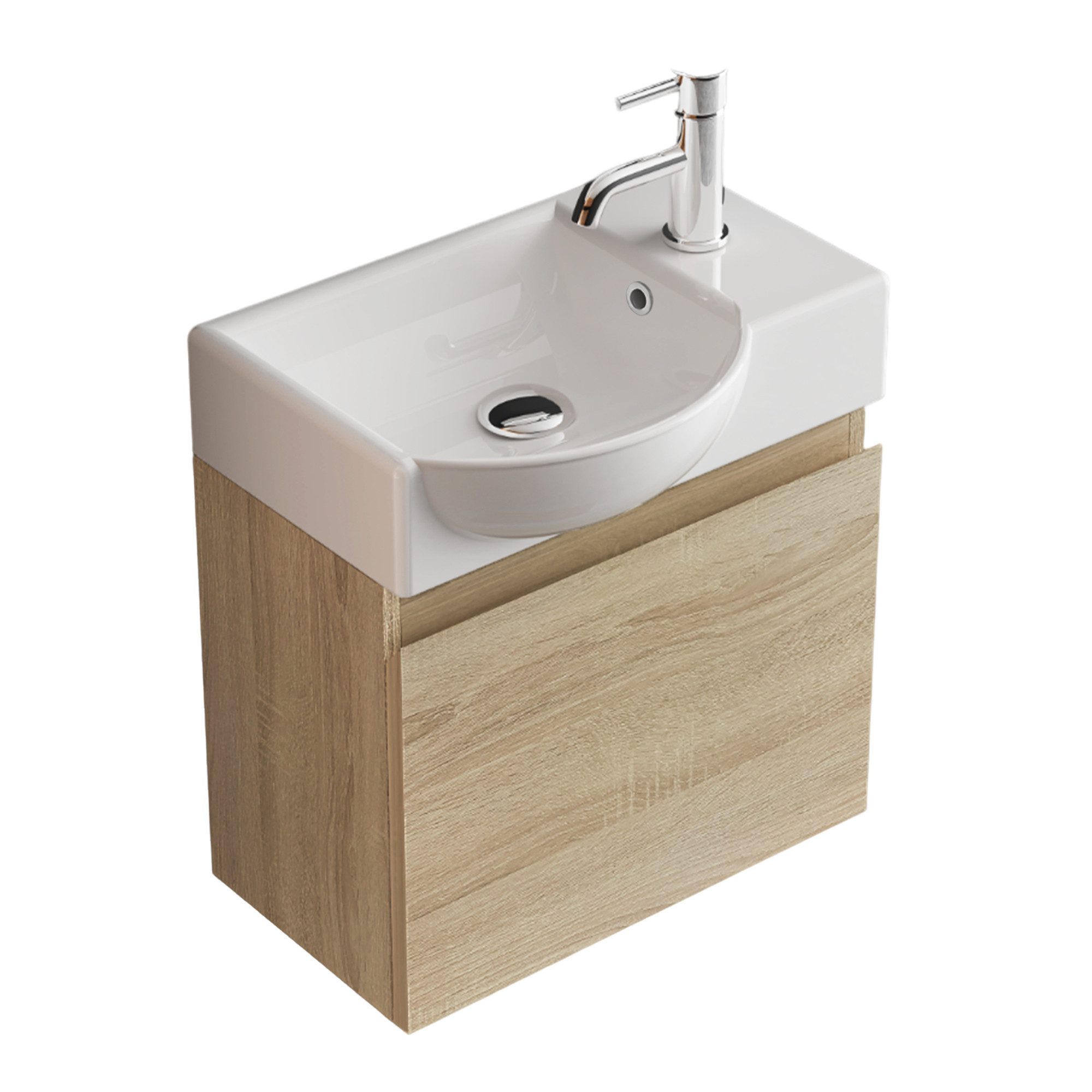 Alpenberger Badmöbel-Set - Gäste WC Waschbecken mit Unterschrank 45 cm Breit, (Badschrank 2-tlg., Waschtisch hängend), Waschbeckenunterschrank mit Softclose - Eiche Hell - Links Becken