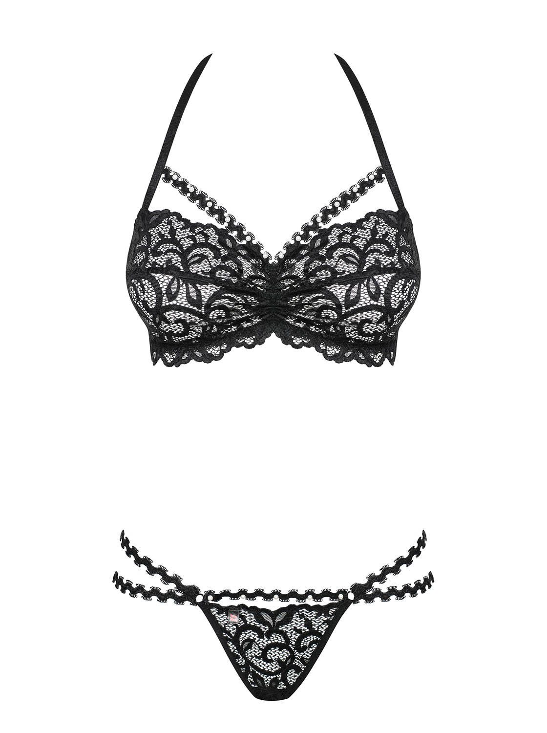 Set: Bügel-BH Dessous-Set in schwarz BH + String verziert mit Schmuck