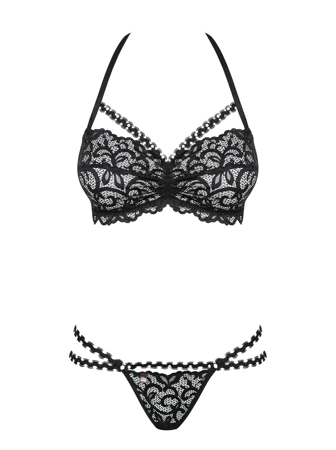 Obsessive Set: Bügel-BH Dessous-Set in schwarz BH + String verziert mit Schmuck (Set)