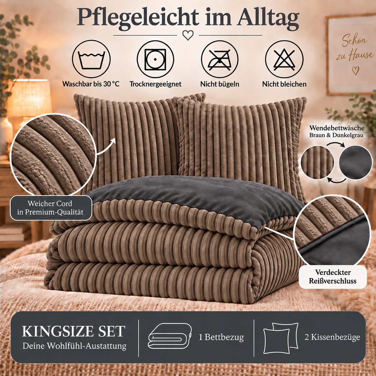 Leonado Vicenti Bettwäsche Teddyplüsch Cord Optik, Fleece, 3 teilig, extra warm und kuschelig, Winterbettwäsche Cashmere Touch – Bild 4 von 5