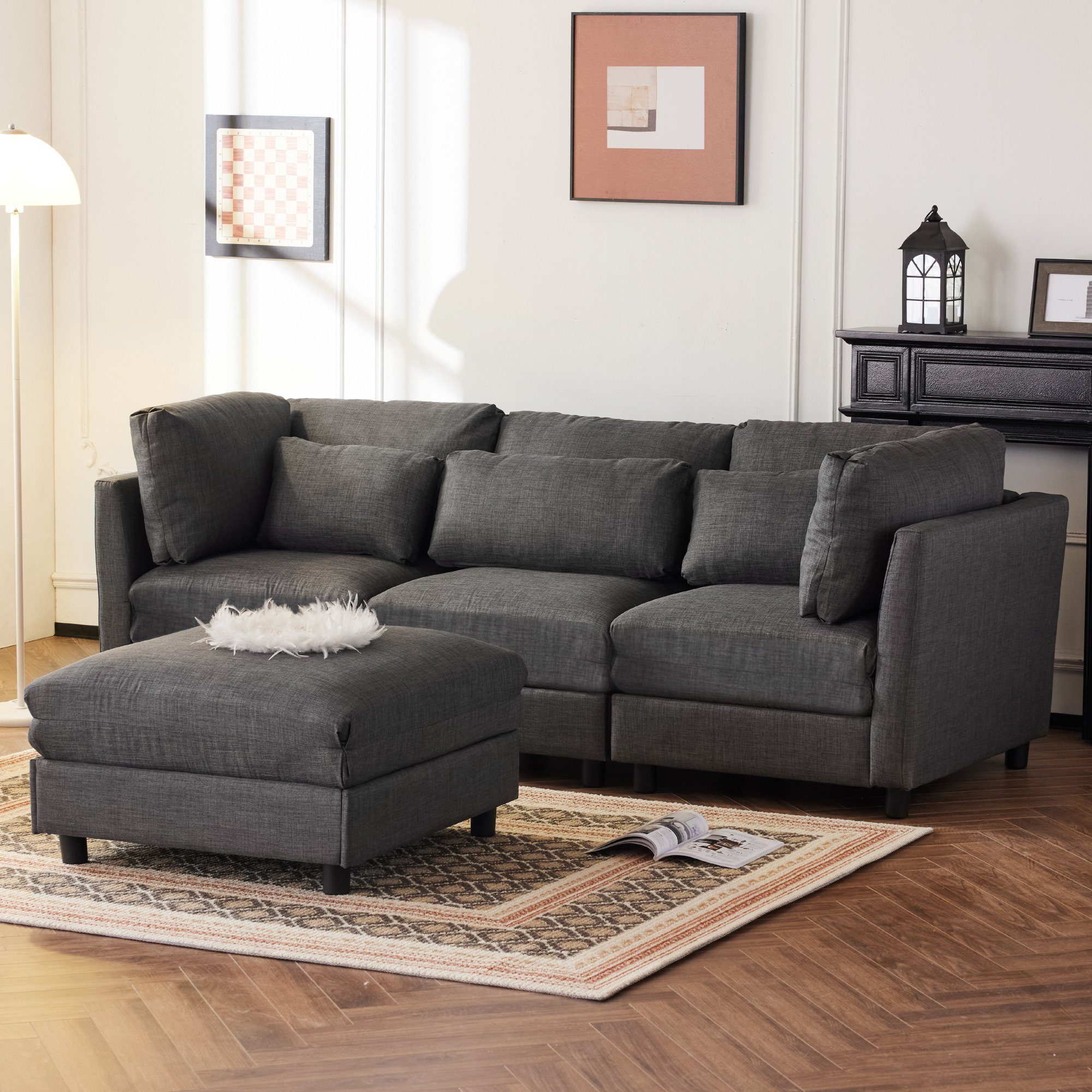 Merax Ecksofa mit abnehmbaren mane, Sofagarnitur mit Leinenbezug, 3-Sitzer mit Kissen, modulare Couch Grau