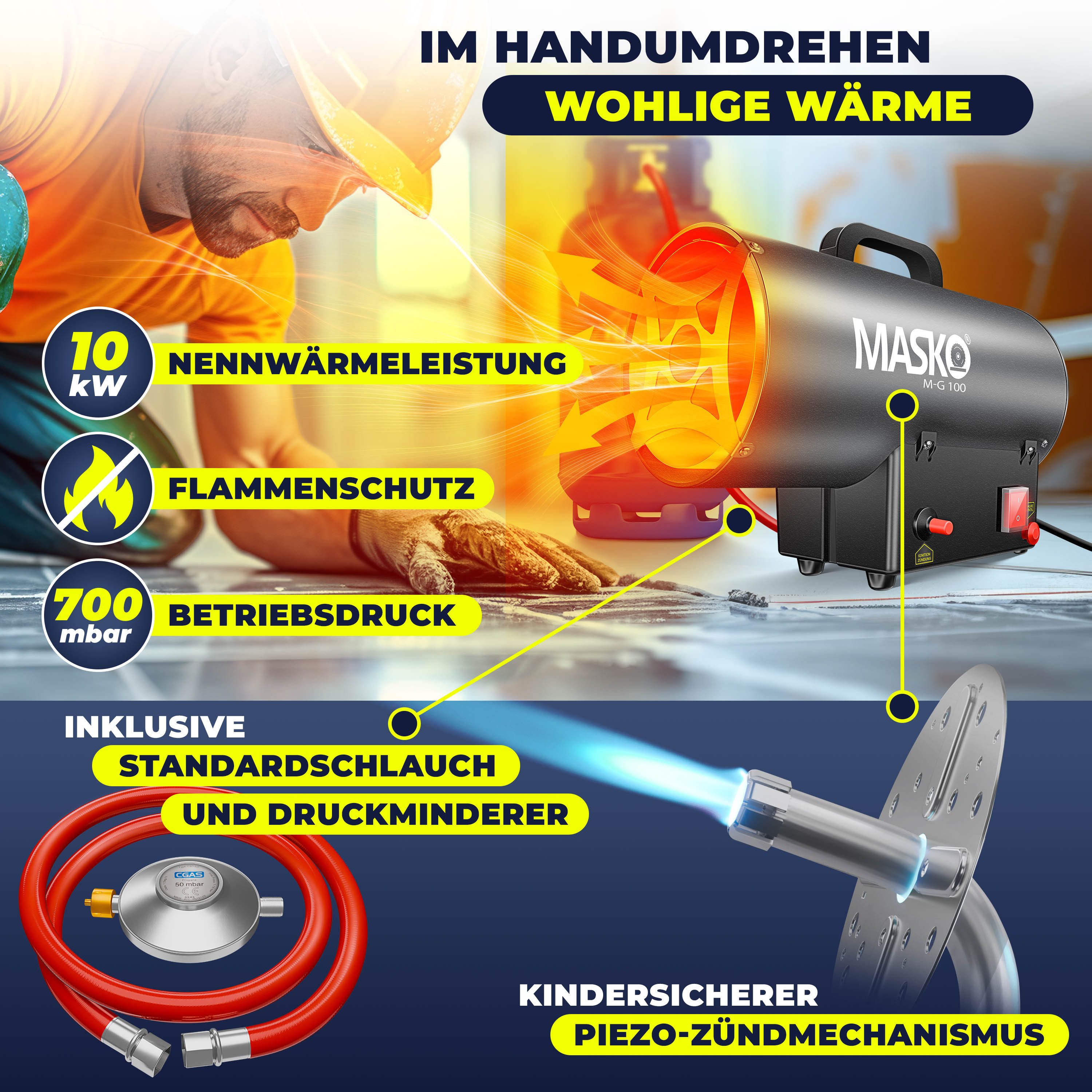 MASKO Heizgerät gasbetrieben inkl. Gasschlauch & Druckminderer Anschluss zu Gasflasche, 10000 W, Gas Heizlüfter mit Turbo Ventilator, Gasheizer Piezo-Zündung