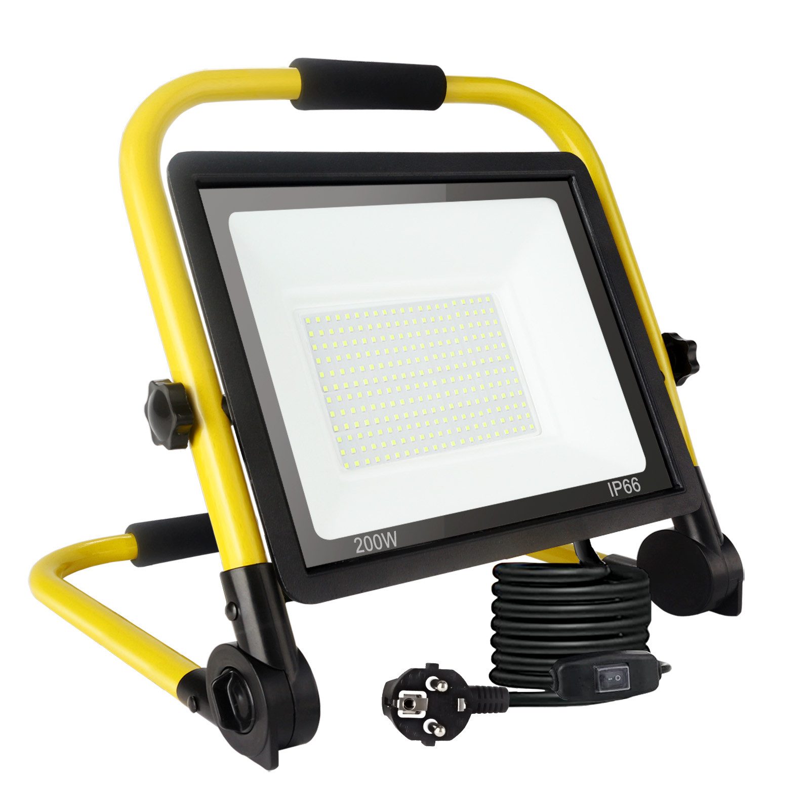 POPOLIC LED Baustrahler Tragbare Baustellenleuchte mit Aluminium-Gehäuse, 200W, IP66 wasserdicht, Baustellenbeleuchtung mit 3,5 m Kabel und EU-Stecker für Werkstatt und Garage, 200-W-LED-Baustellenstrahler, 21600 lm Arbeitsscheinwerfer