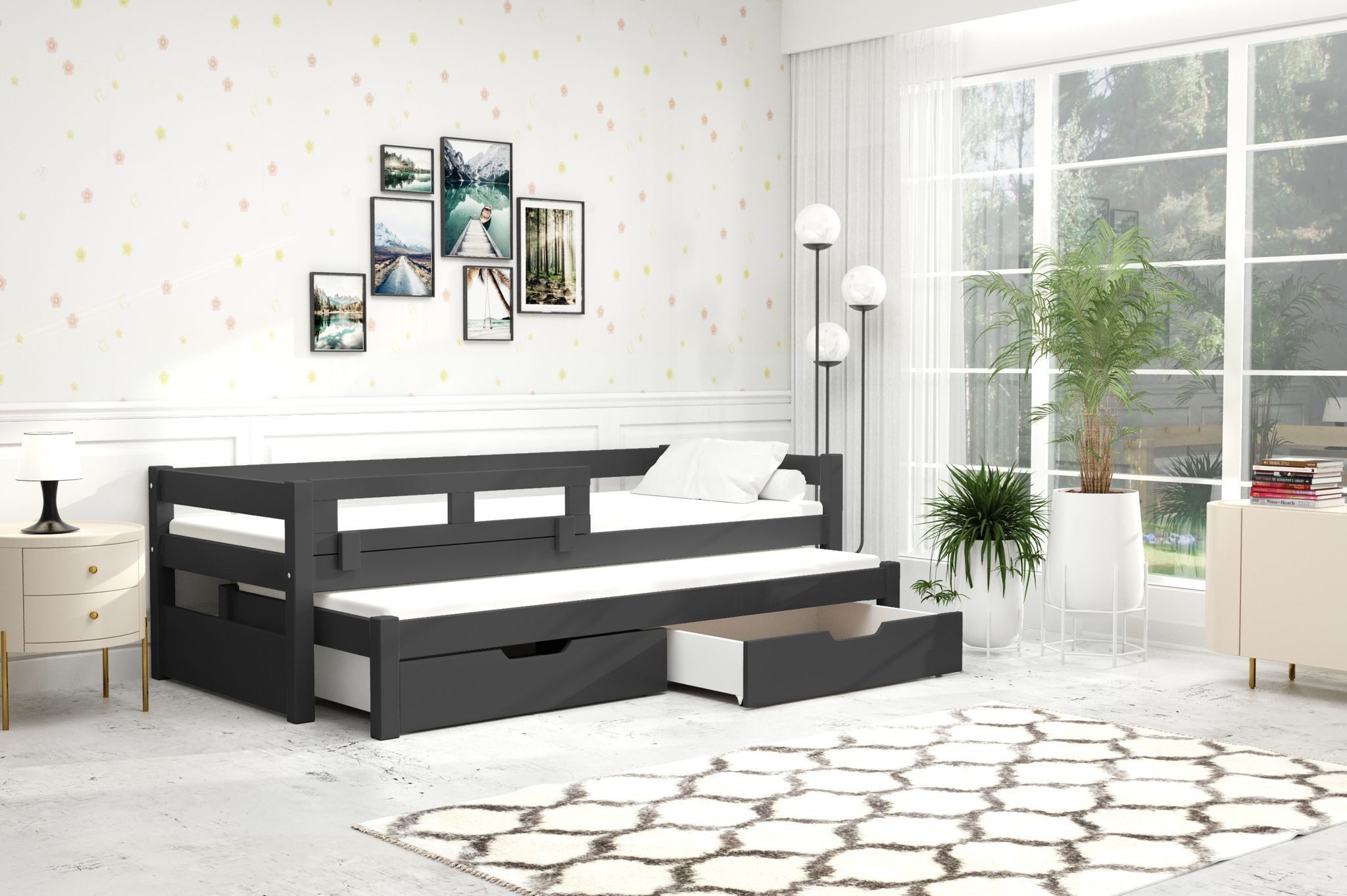 thematys Kinderbett mit Rausfallschutz und Ausziehbett und 2 Schubladen für Kinder (in 90x160cm + INKLUSIVE 2 MATRATZEN, für Jungen und Mädchen, mit abnehmbaren Rausfallschutz), Kinderbett aus Kiefernholz