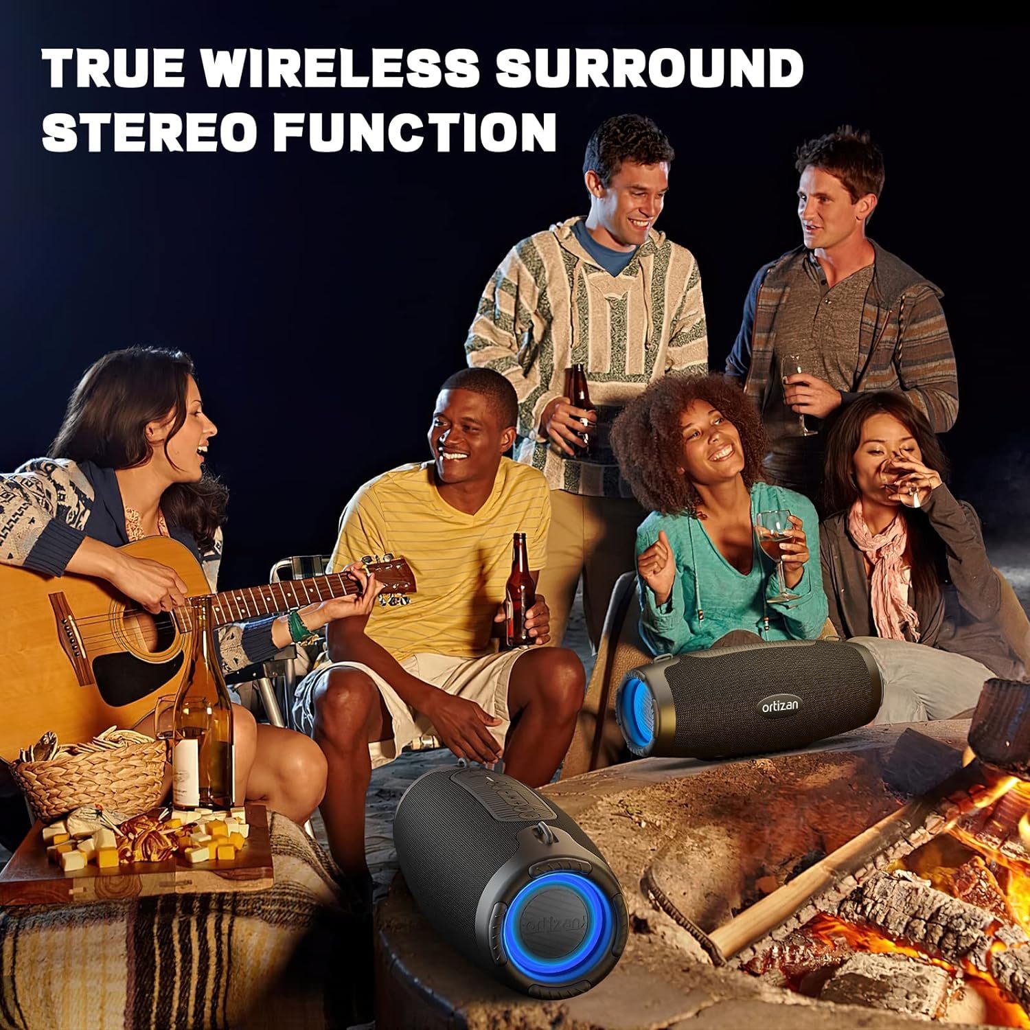 100W mit W, Outdoor Ortizan (Bluetooth, Lautsprecher LED Stereo Licht, Akku Sound 18H 100 mit Extra Bass) Lautsprecher