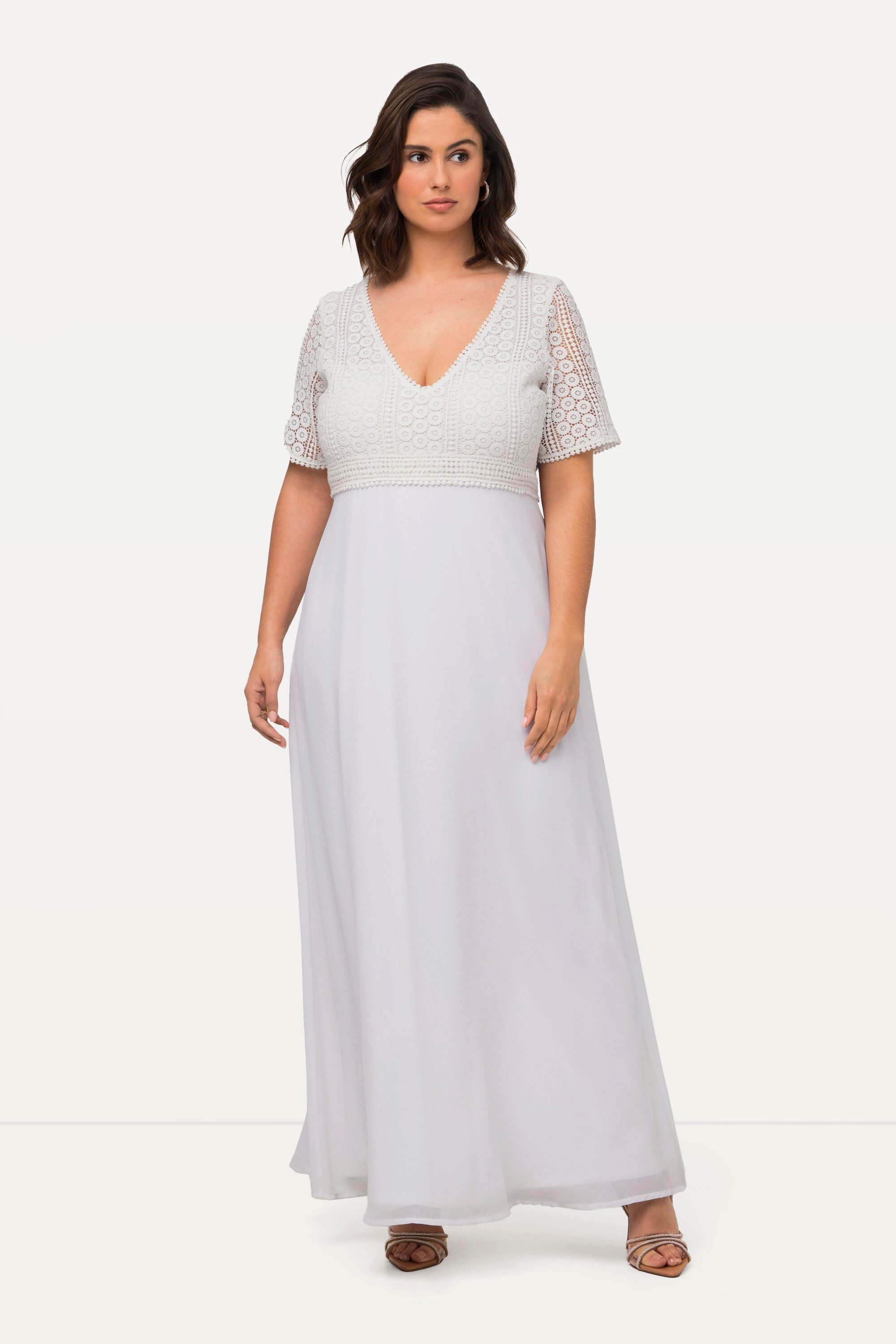 Ulla Popken Cocktailkleid Brautkleid Boho-Style A-Linie V-Ausschnitt Halbarm