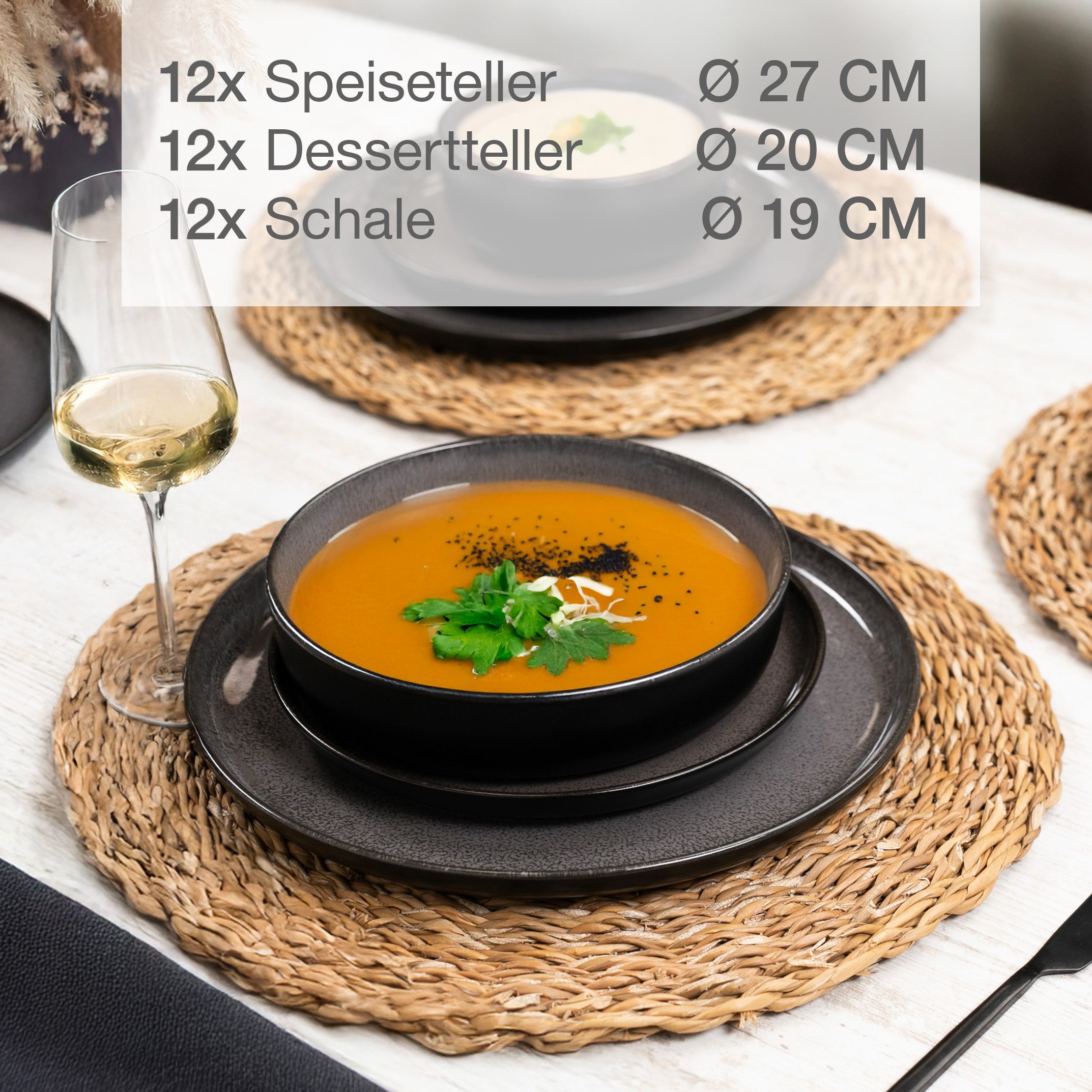 Moritz & Moritz Tafelservice Geschirr Set VIDA für 12 Personen Anthrazit (36-tlg), 12 Personen, Porzellan, Kombigeschirr für 12 Personen