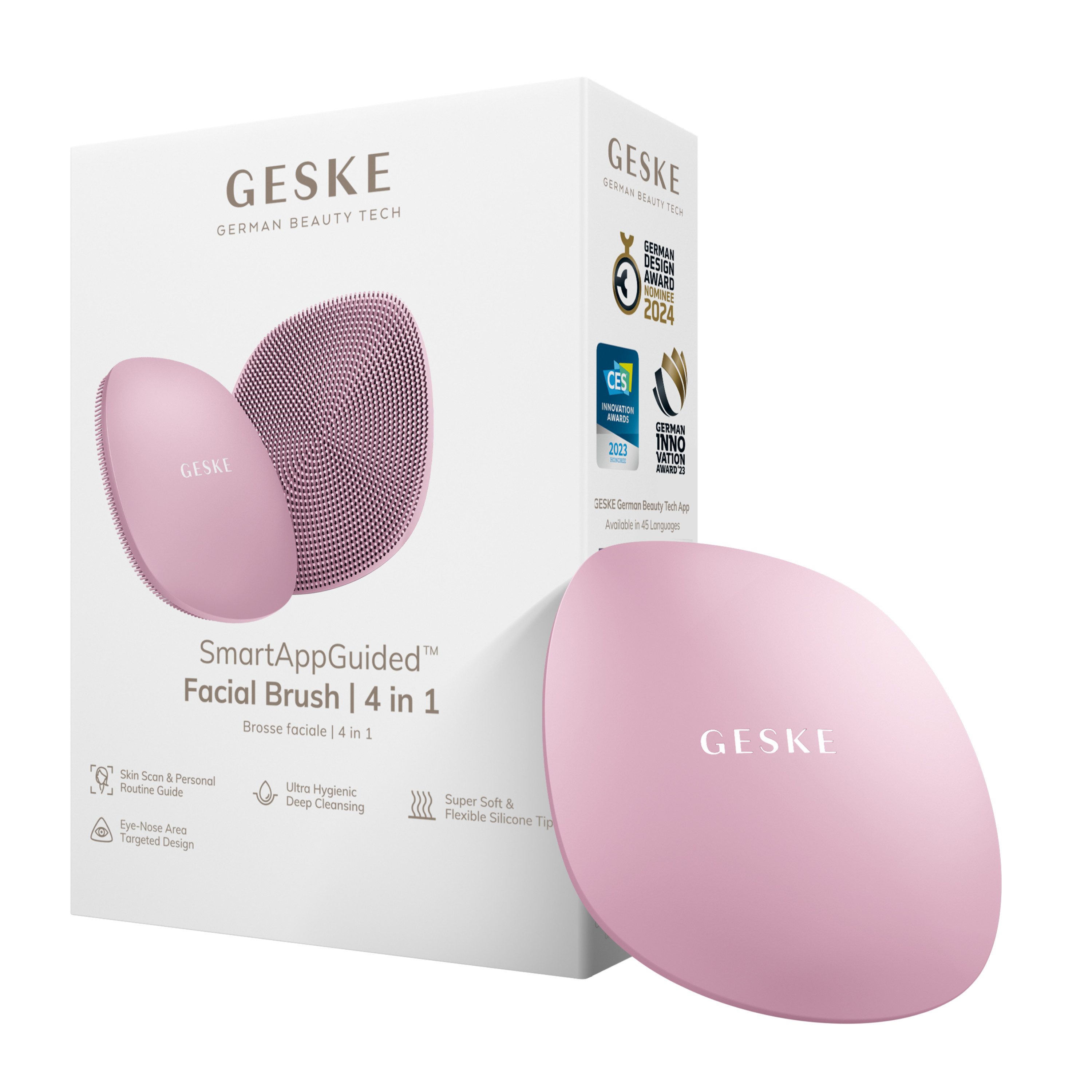 GESKE German Beauty Tech Gesichtsreinigungsbürste SmartAppGuided™ Facial Brush 4 in 1, Packung, 1-tlg., inkl. kostenloser APP (SmartAppGuided Device), Mit der GESKE App erhältst Du deine personalisierte Hautpflegeroutine.