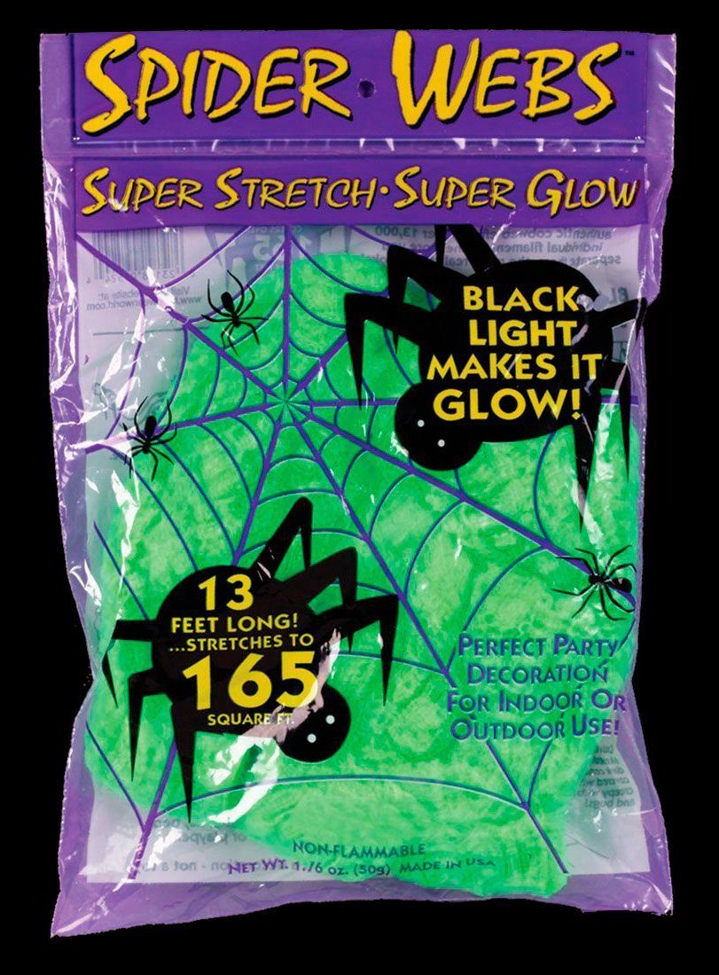 Fun World Hängedekoration Stretch Spinnweben 50 g, Im Dunkeln leuchtendes Spinnennetz - bis auf 15 Quadretmeter dehnbar!