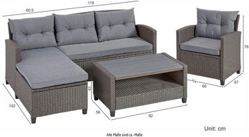 KONIFERA Gartenlounge-Set Cordoba, (Set, 11-tlg., 2x Bank, 1x Sessel, 1x Tisch 90x55x43cm, inkl. Auflagen), Polyratten, Stahl, Tischplatte aus Nonwood, geeignet für 4 Personen