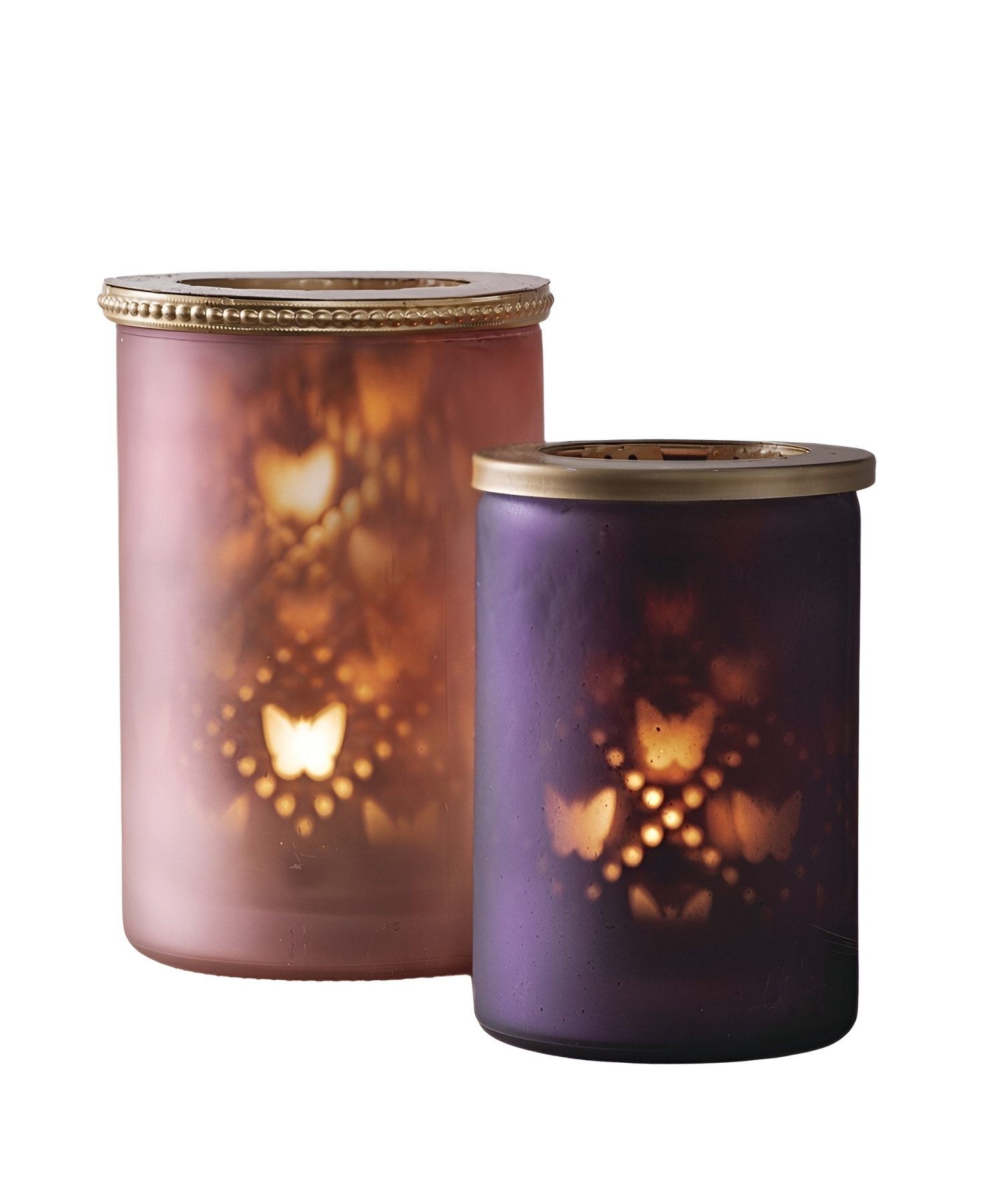 Teelichthalter "Schmetterling" aus Glas Violett & Rosa, 12 + 14 cm hoch, Teelichtglas