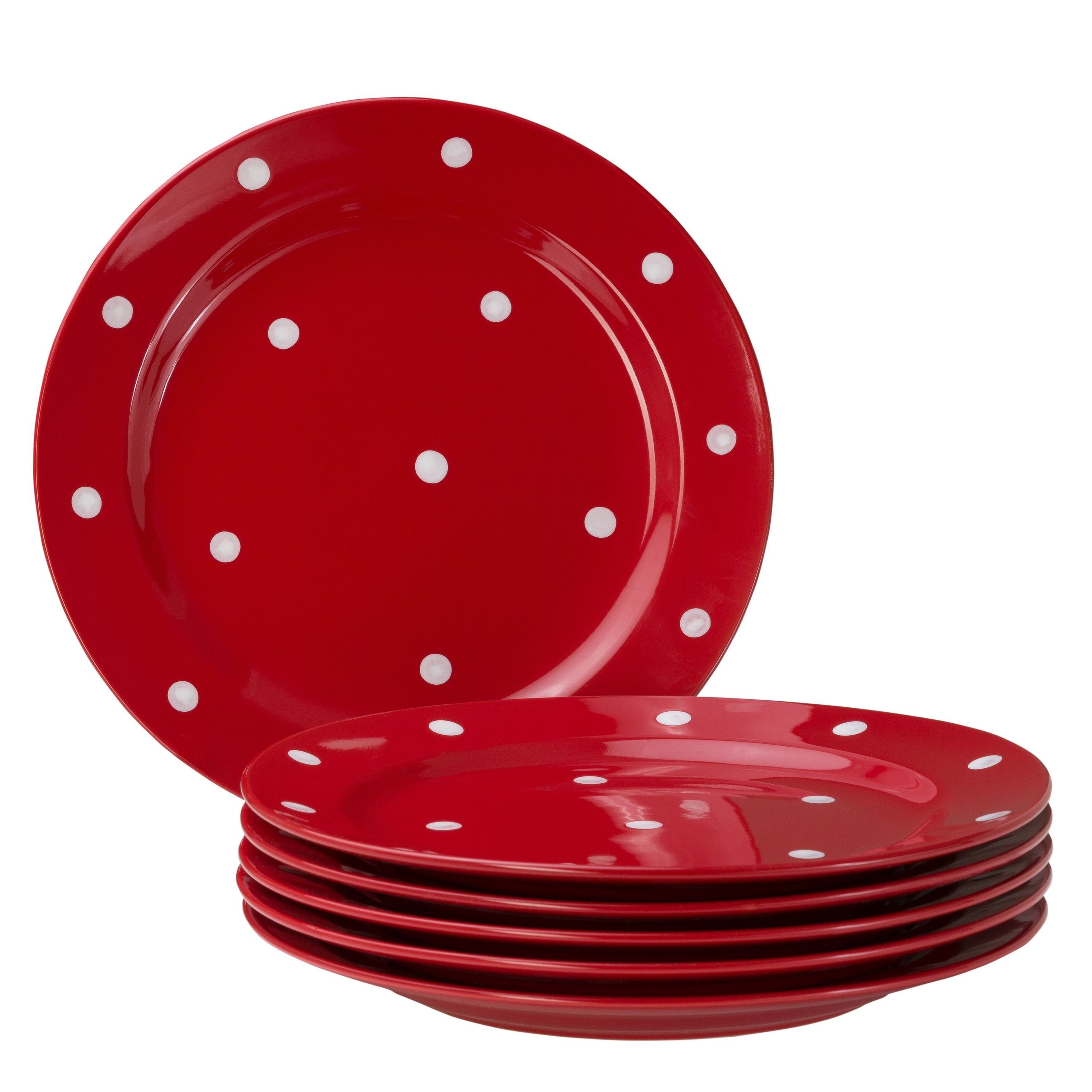 Speiseteller 6er Set Essteller flach Emily 27cm rot mit weißen Punkten