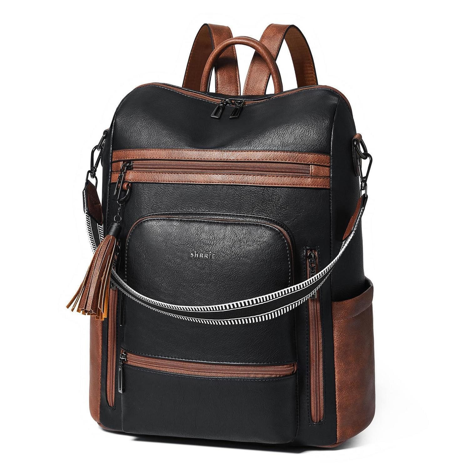 LuxusKollektion Laptoprucksack Damen Rucksack 15,6Zoll Laptopfach Schwarz/Braun in Lederoptik